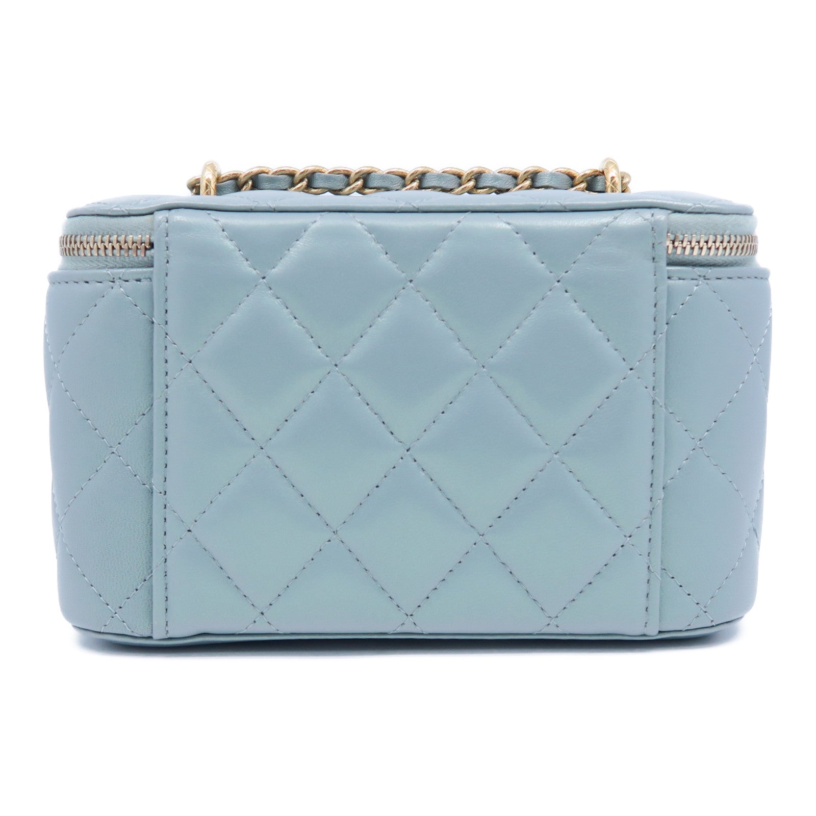 CHANEL 菱格羊皮皮革Vanity Case金扣鏈帶肩背袋淺藍色