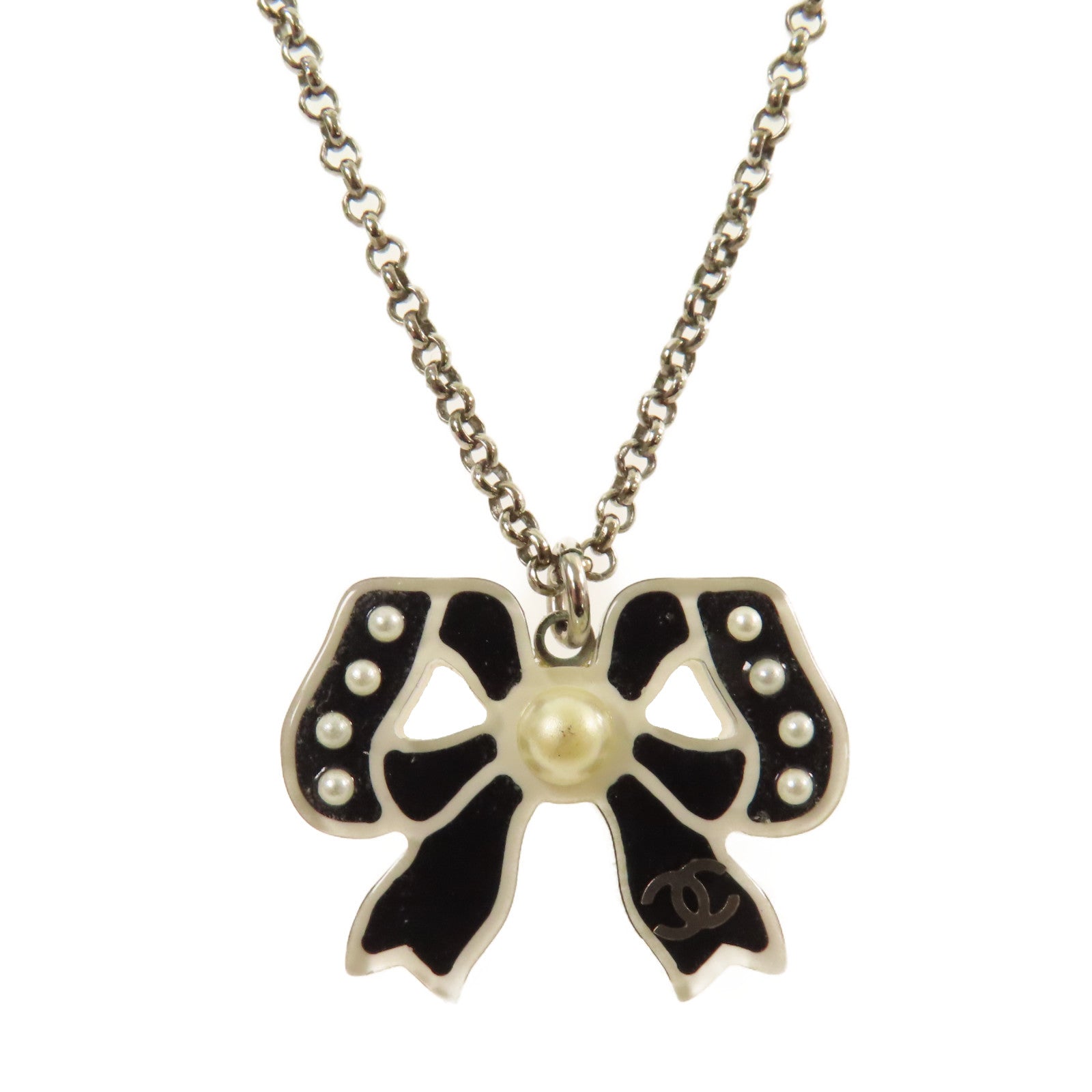 CHANEL 金屬/仿珍珠Ribbon Necklace項鏈黑色/珍珠色
