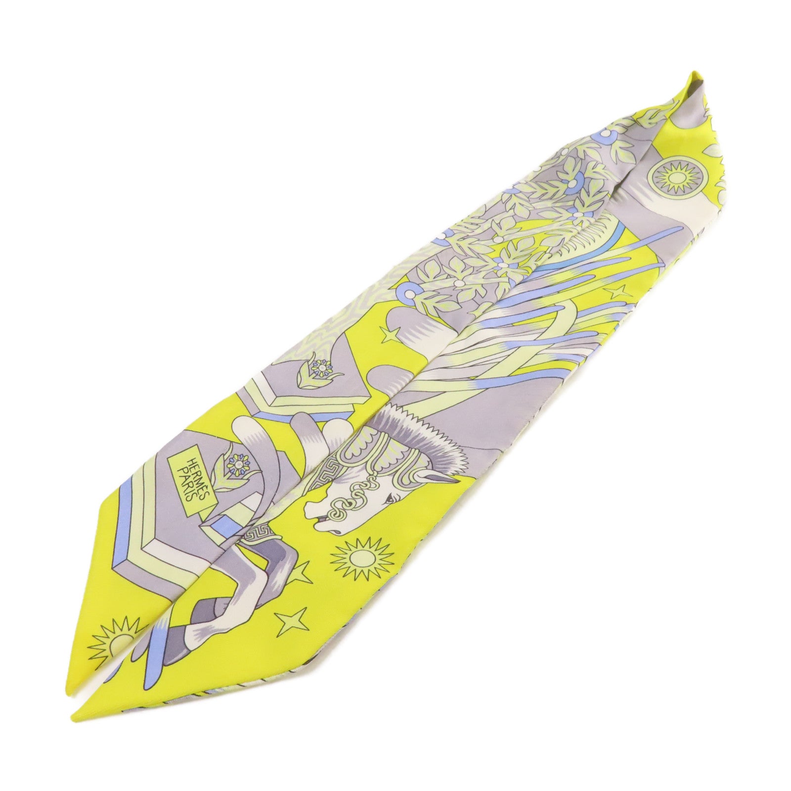 HERMES 絲質Twilly Scarf絲巾黃色/灰色/彩色