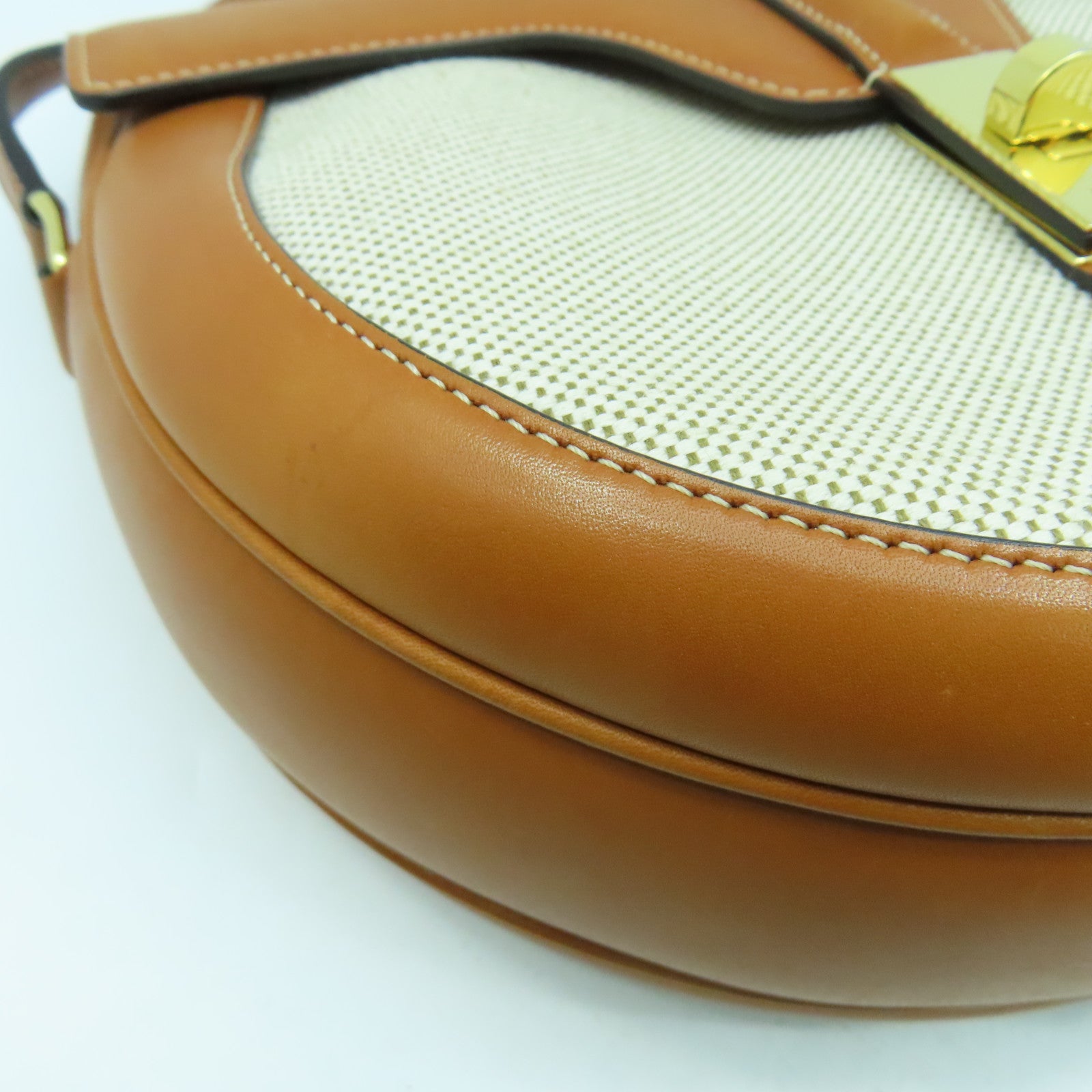 CELINE 牛皮皮革/帆布Shoulder Bag金扣肩背袋啡色/米色