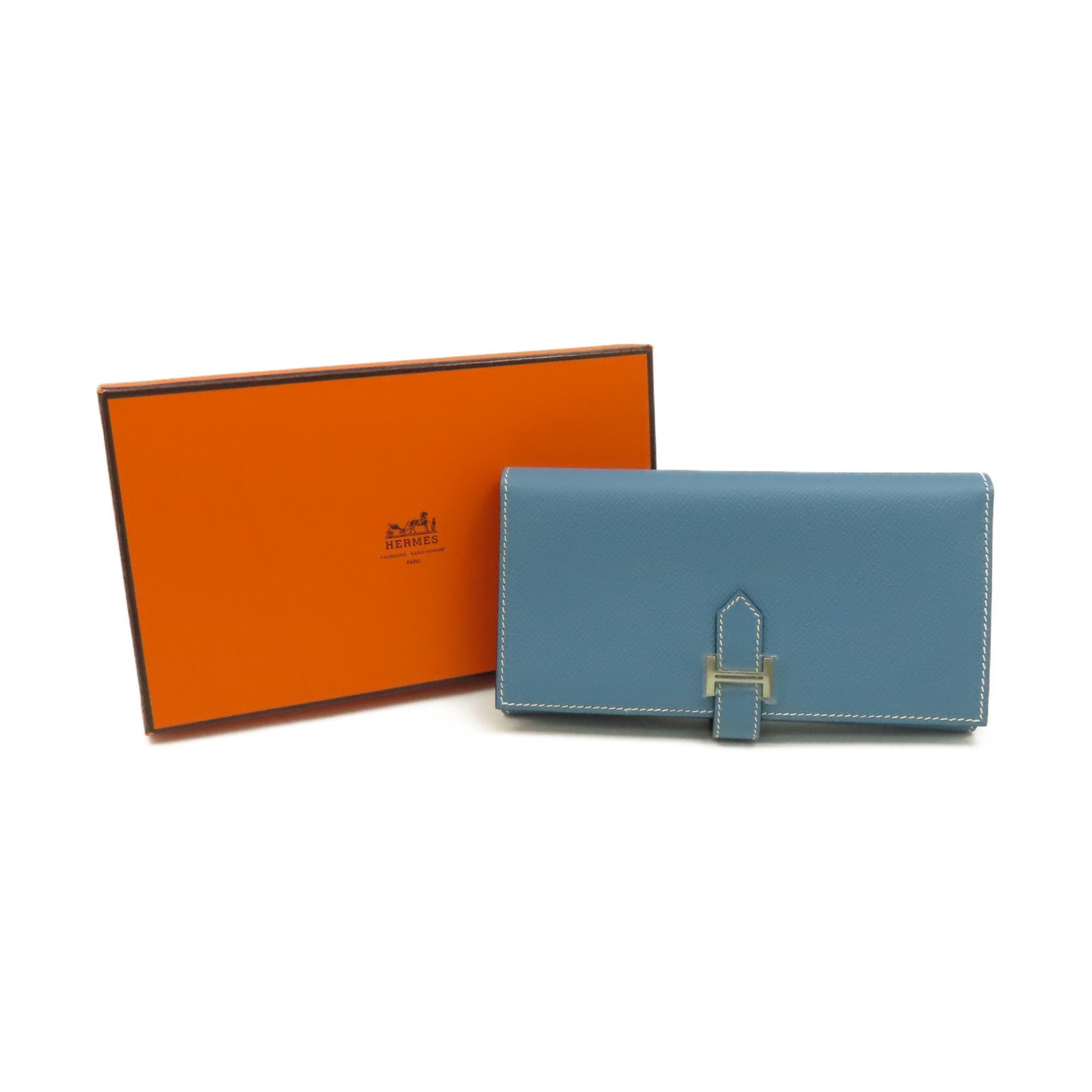 HERMES 【激減優惠】Epsom皮革Bearn W Snap Long Wallet銀扣長錢包Blue Jean牛仔藍