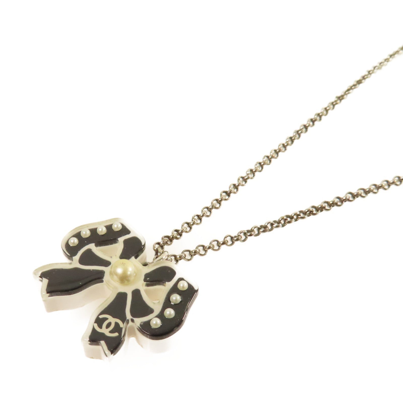 CHANEL 金屬/仿珍珠Ribbon Necklace項鏈黑色/珍珠色