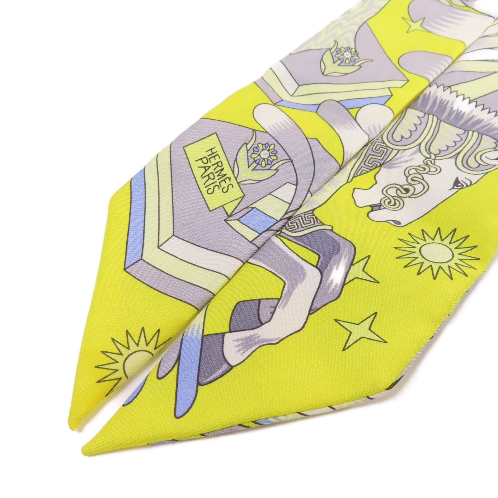 HERMES 絲質Twilly Scarf絲巾黃色/灰色/彩色