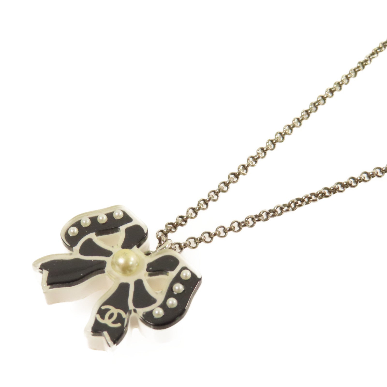 CHANEL 金屬/仿珍珠Ribbon Necklace項鏈黑色/珍珠色