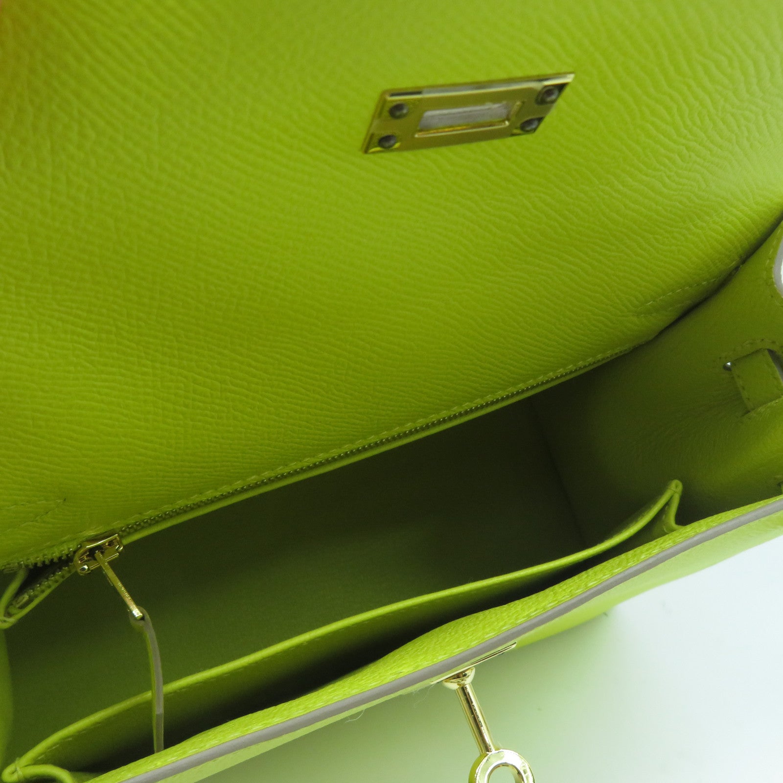 HERMES Epsom皮革Kelly 25金扣手挽肩背兩用袋黃綠色