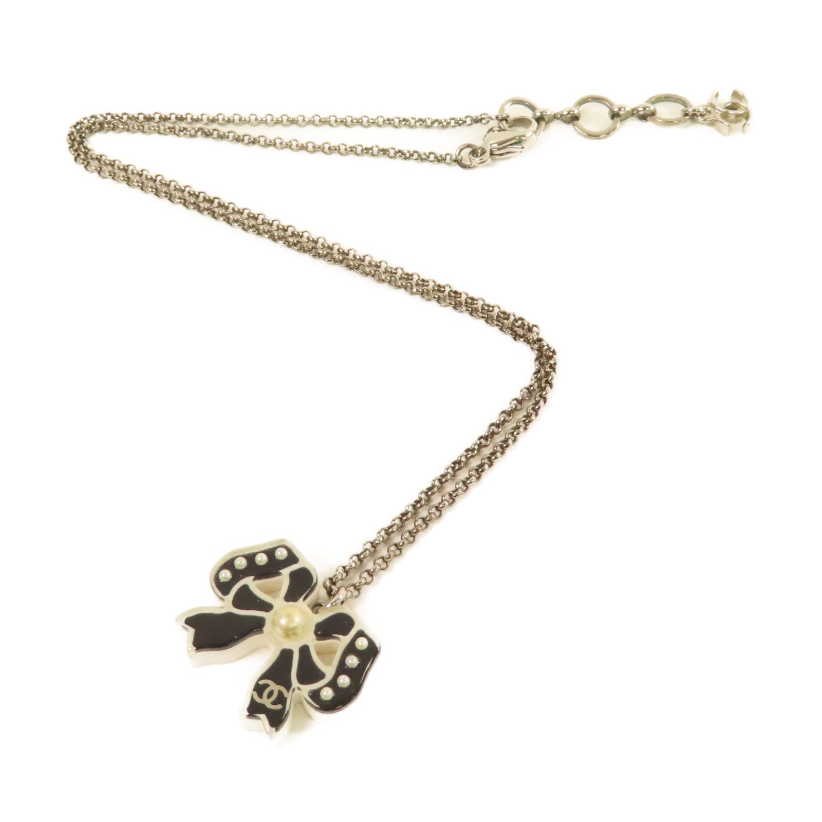 CHANEL 金屬/仿珍珠Ribbon Necklace項鏈黑色/珍珠色