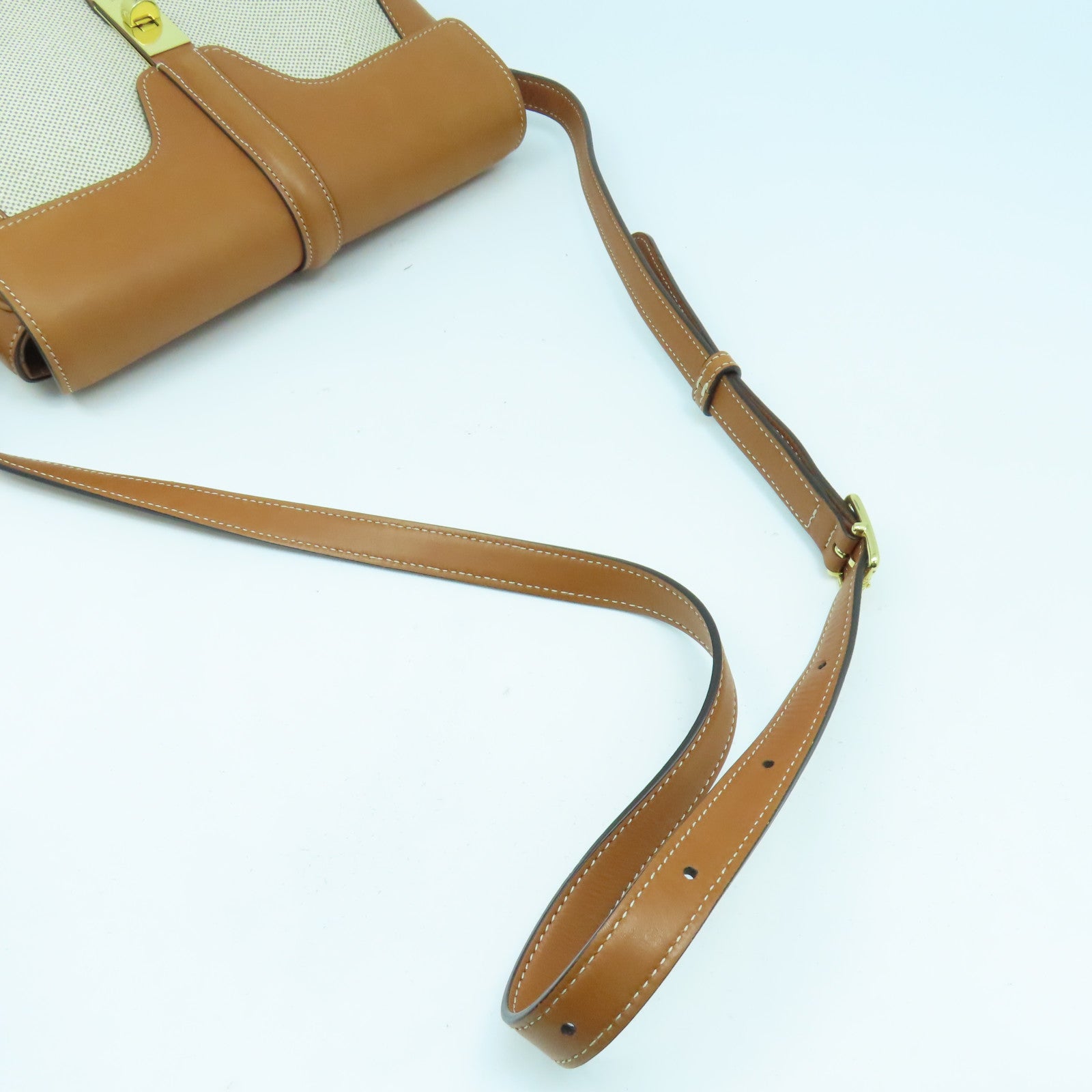 CELINE 牛皮皮革/帆布Shoulder Bag金扣肩背袋啡色/米色