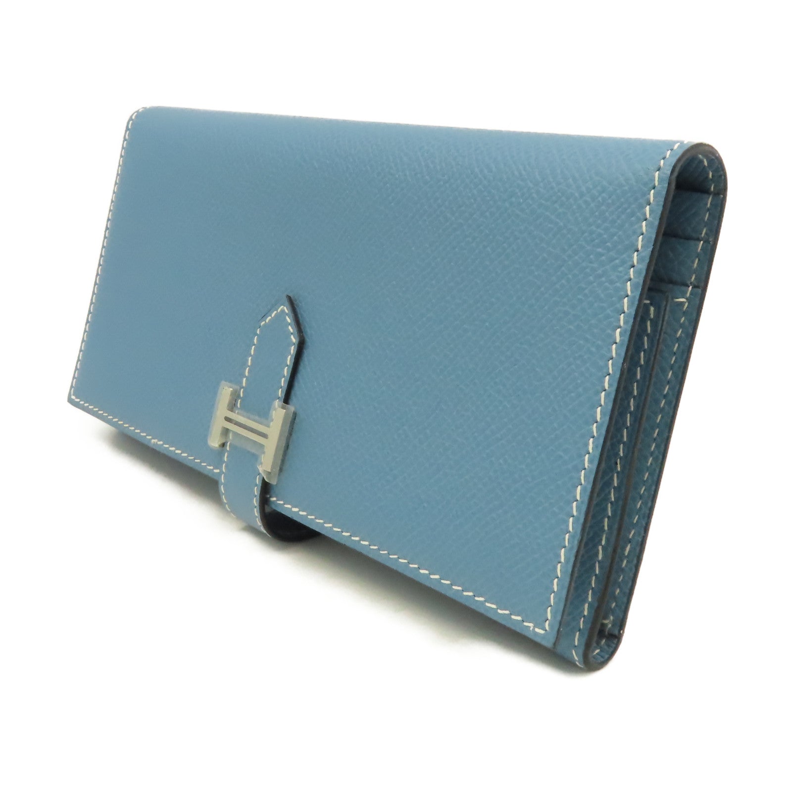 HERMES 【激減優惠】Epsom皮革Bearn W Snap Long Wallet銀扣長錢包Blue Jean牛仔藍
