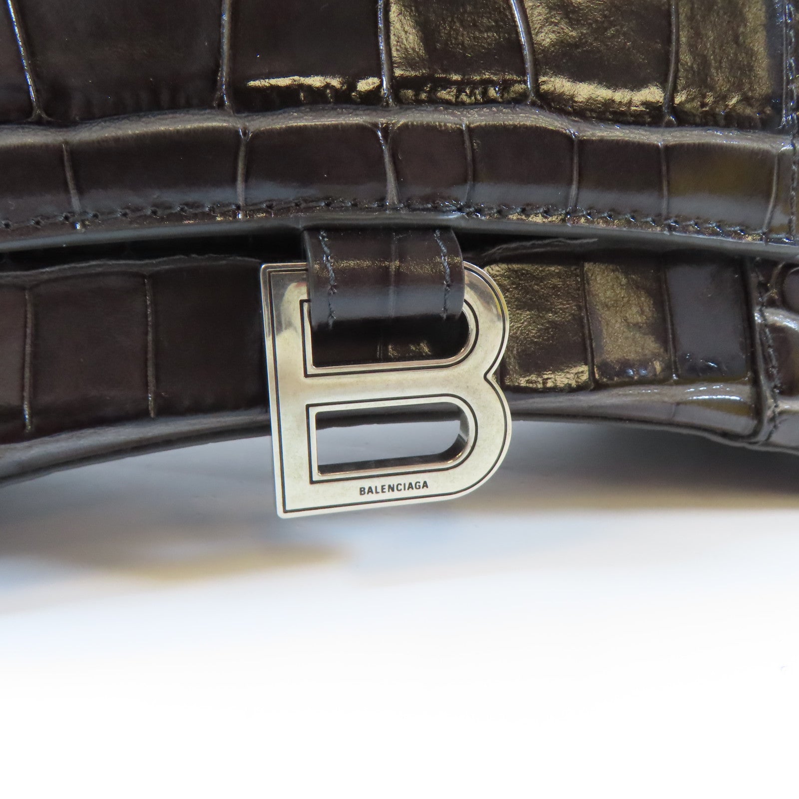 BALENCIAGA 牛皮皮革Hourglass Small銀扣手挽肩背兩用袋黑色/灰色