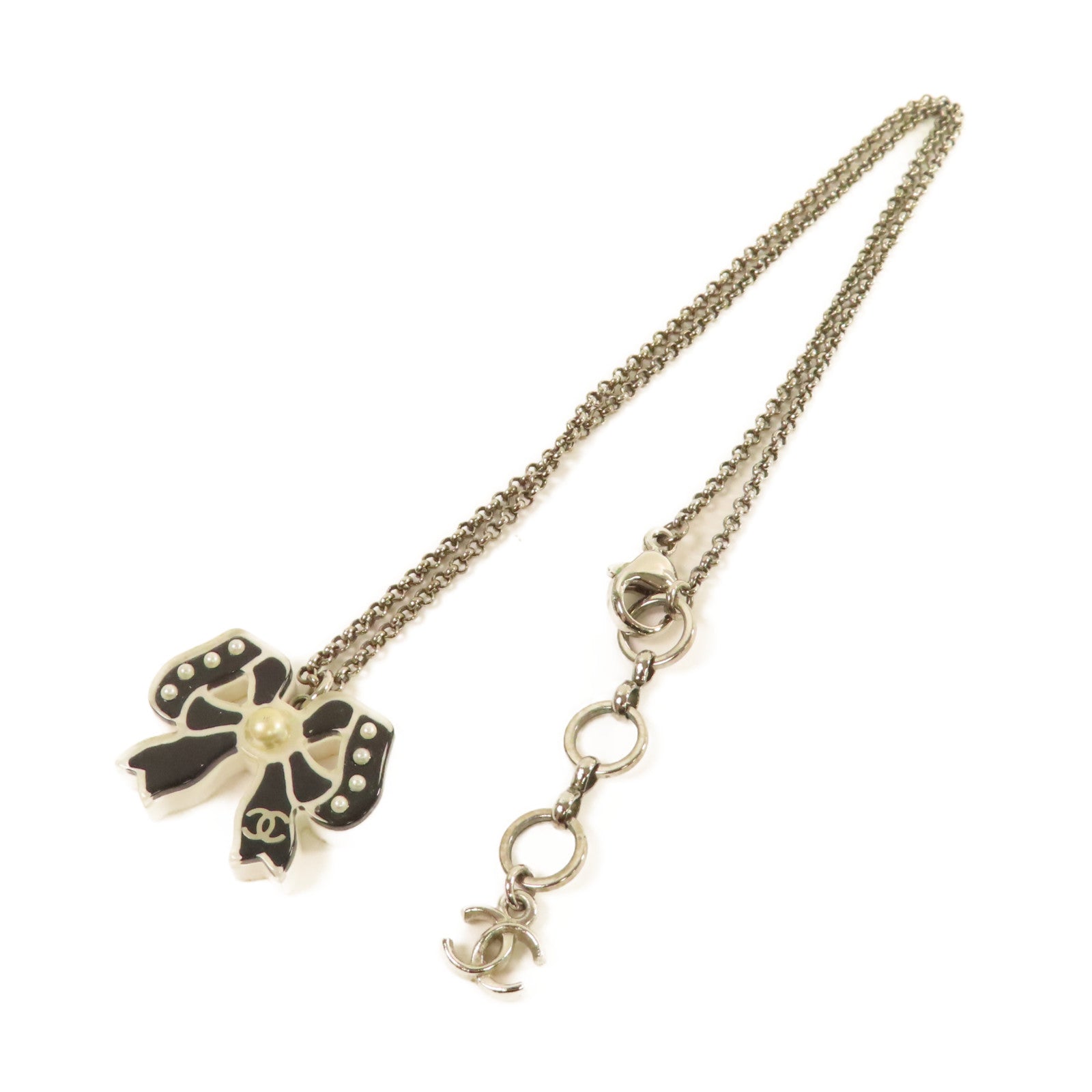 CHANEL 金屬/仿珍珠Ribbon Necklace項鏈黑色/珍珠色
