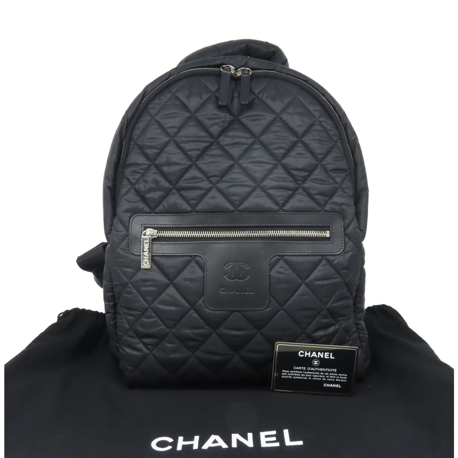 CHANEL 菱格尼龍Backpack銀扣背包黑色