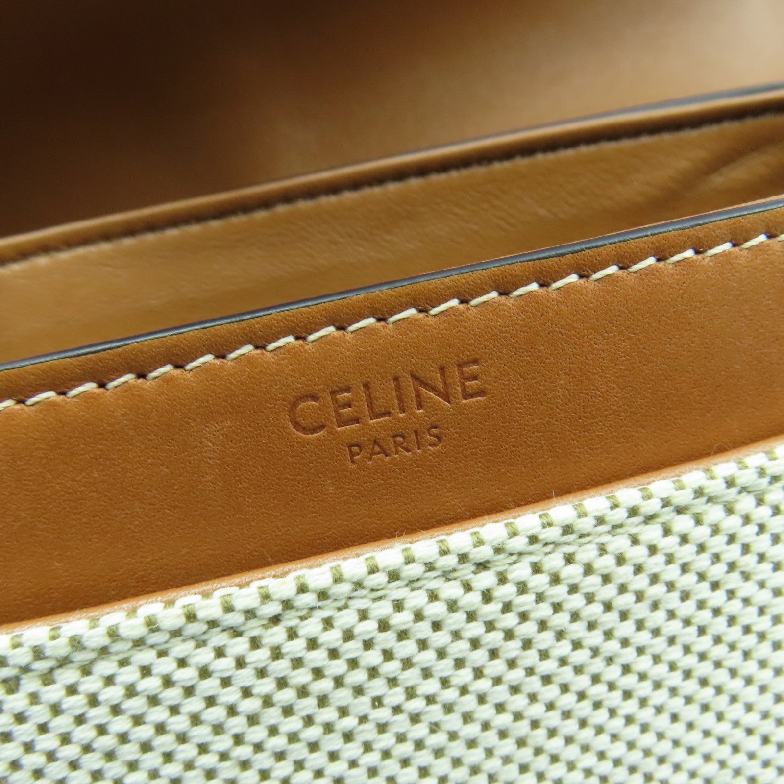CELINE 牛皮皮革/帆布Shoulder Bag金扣肩背袋啡色/米色