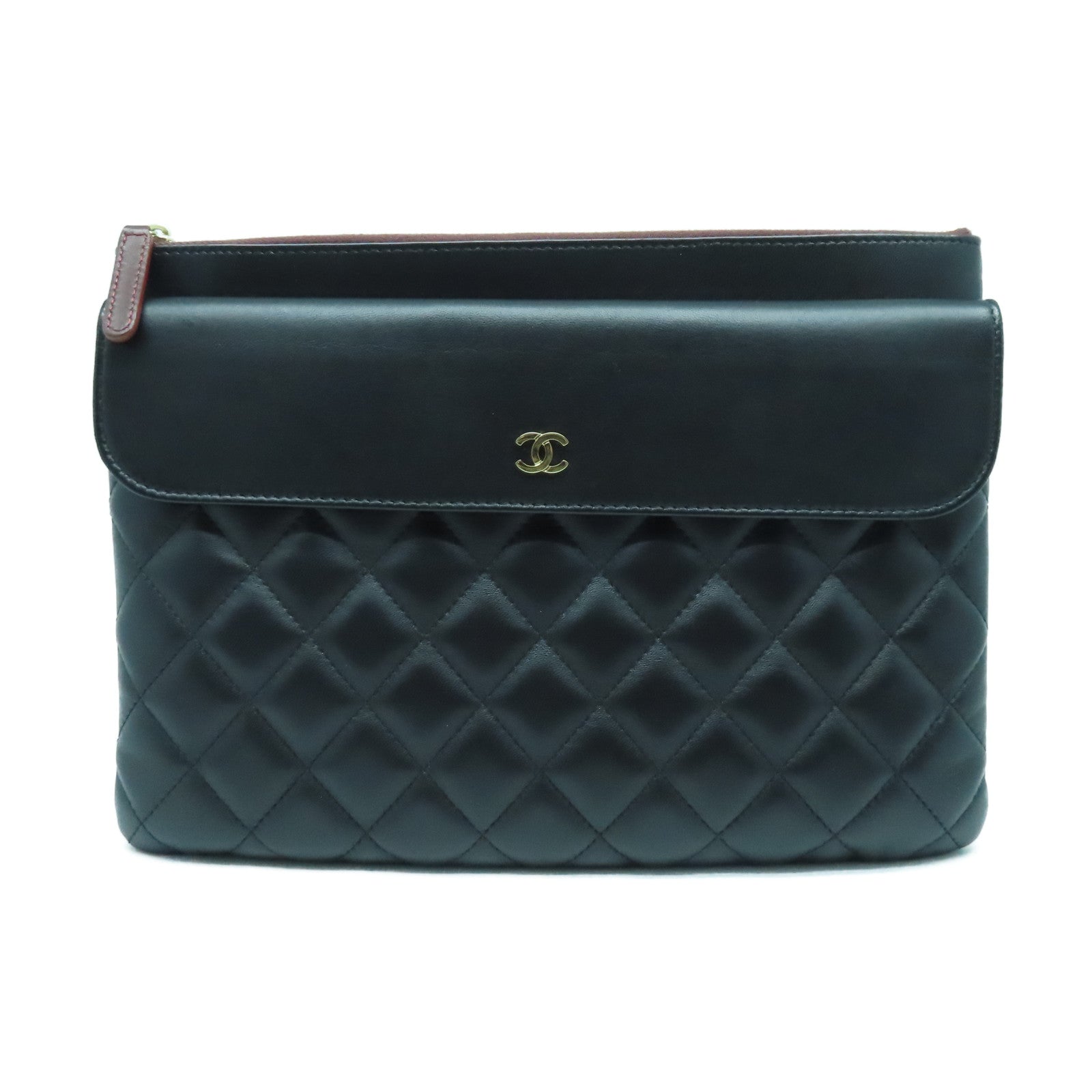 CHANEL 菱格羊皮皮革Clutch金扣手拿包黑色