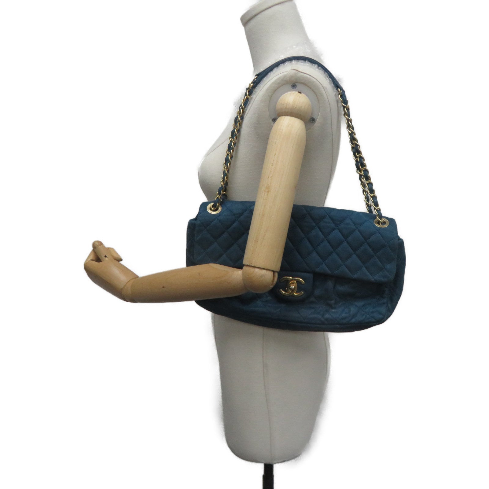 CHANEL 菱格帆布Chain Shoulder Bag金扣肩背袋绿色