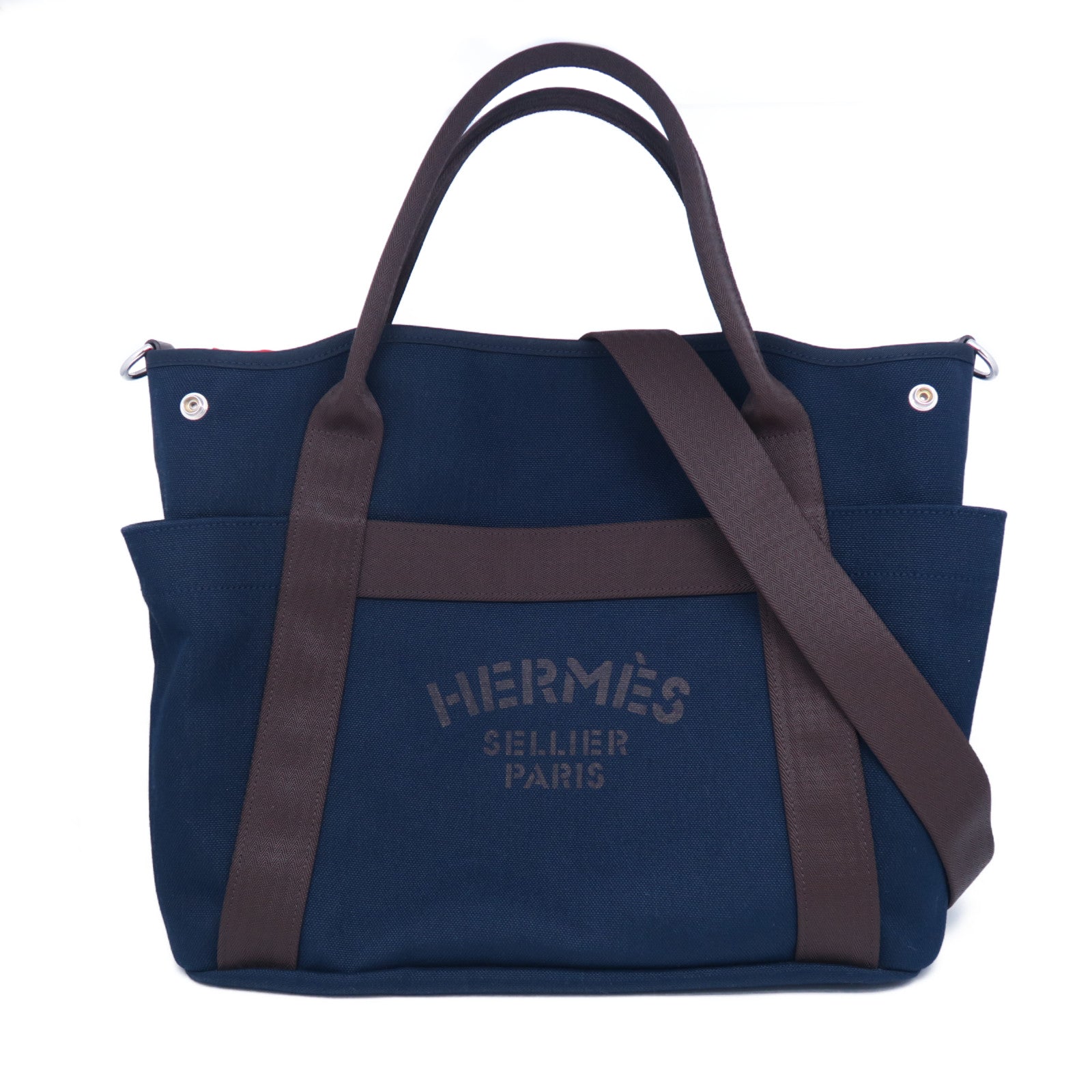 HERMES 帆布Sac De Pansage Groom銀扣手挽肩背兩用袋Bleu Indigo靛藍色/Feu火焰橘色