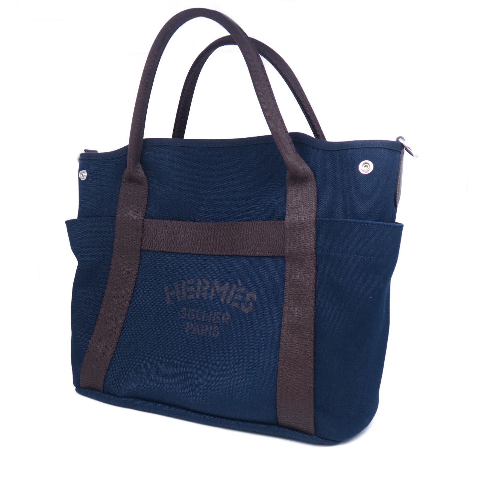 HERMES 帆布Sac De Pansage Groom銀扣手挽肩背兩用袋Bleu Indigo靛藍色/Feu火焰橘色