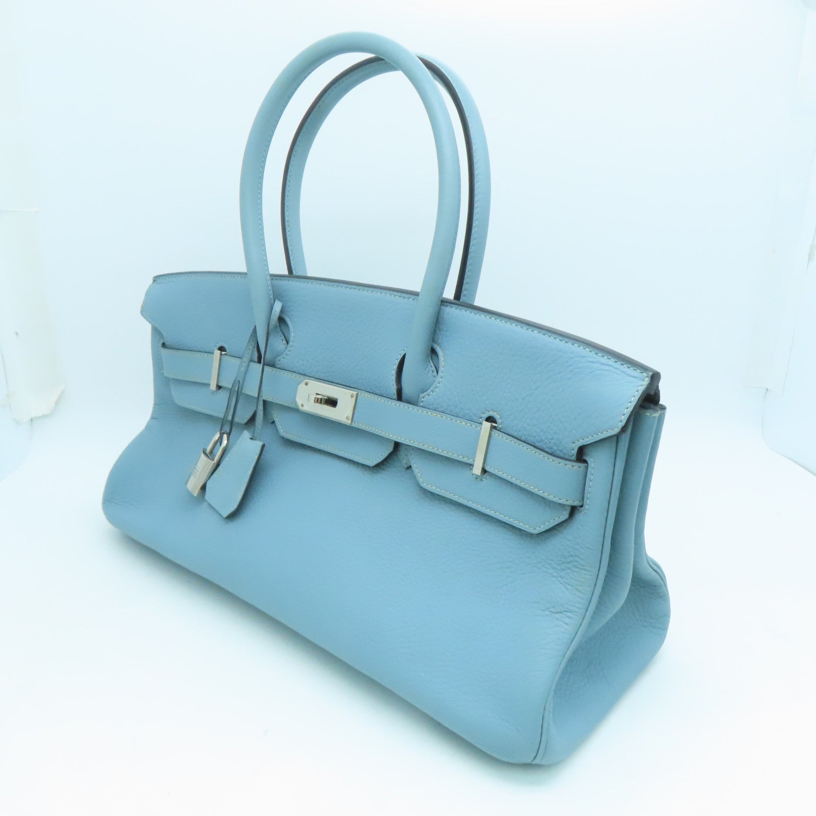 HERMES Clemence皮革Shoulder Birkin银扣手挽袋灰水蓝