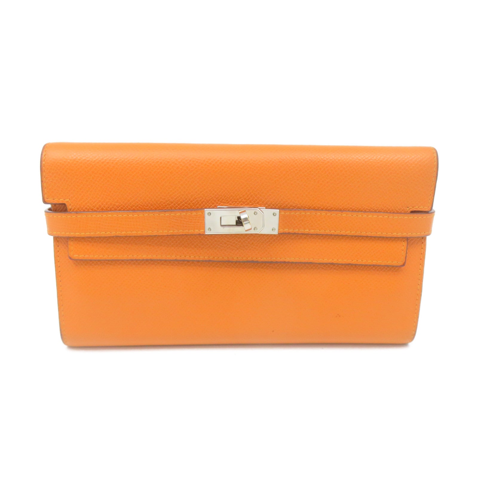 HERMES Epsom Leather Kelly Wallet Silver Buckle Long Wallet Orange Orange