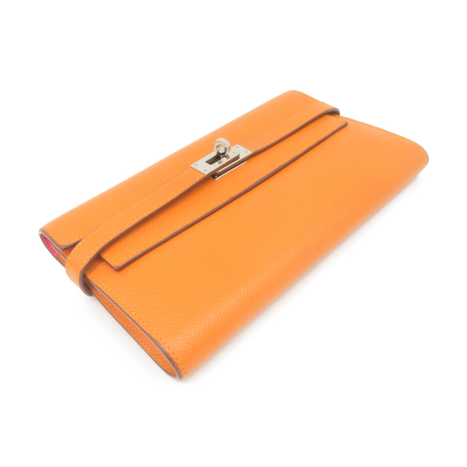 HERMES Epsom Leather Kelly Wallet Silver Buckle Long Wallet Orange Orange