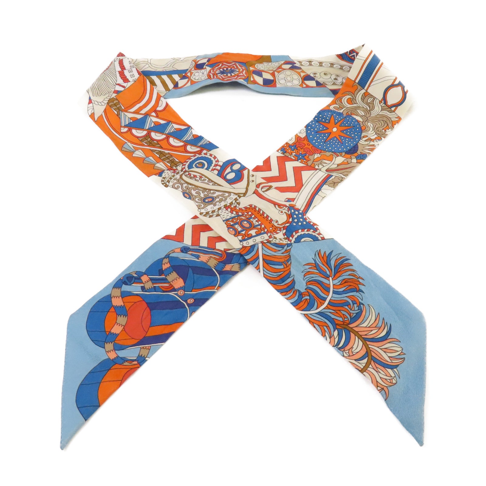 HERMES 絲質Twilly Scarf絲巾藍色/橙色/彩色