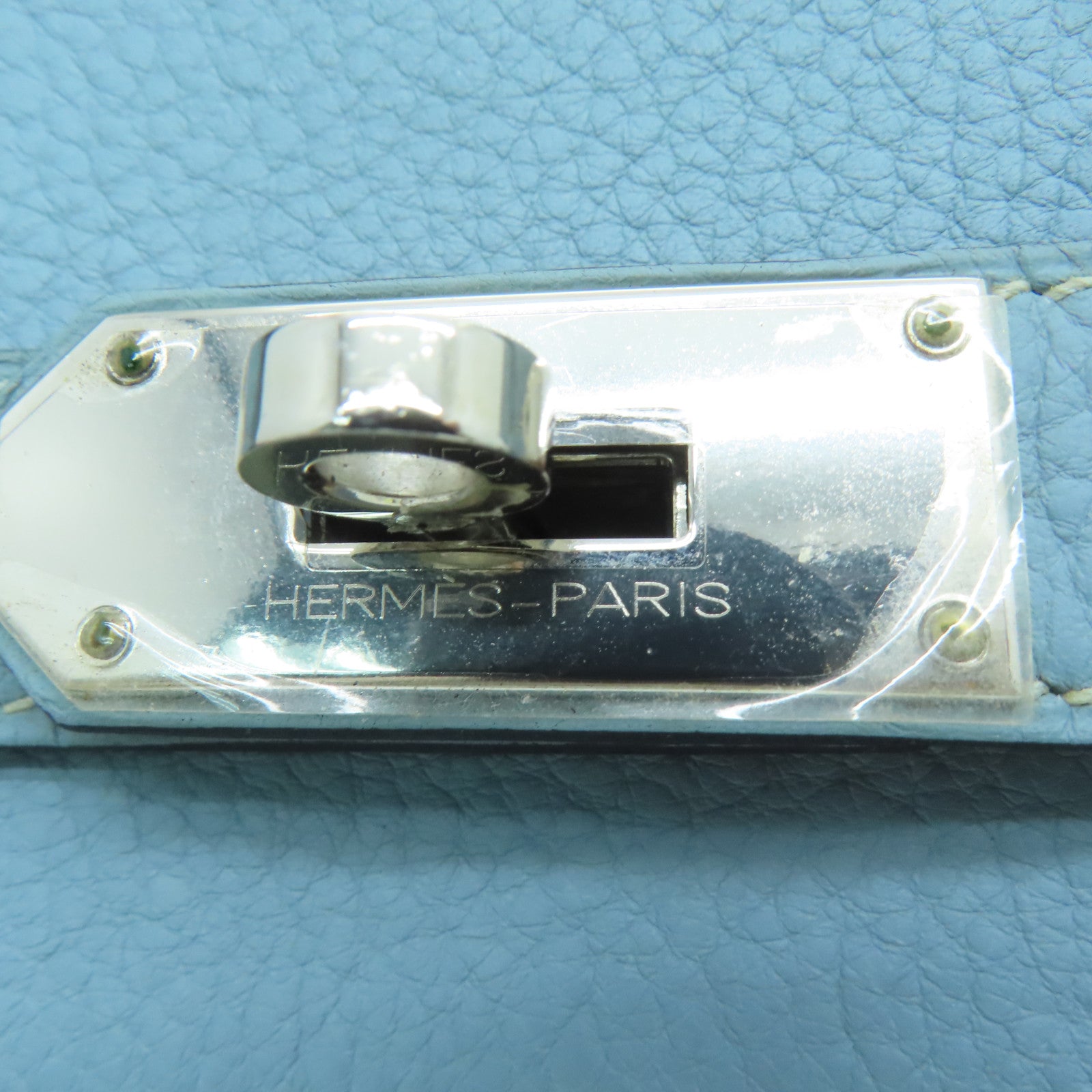 HERMES Clemence皮革Shoulder Birkin银扣手挽袋灰水蓝