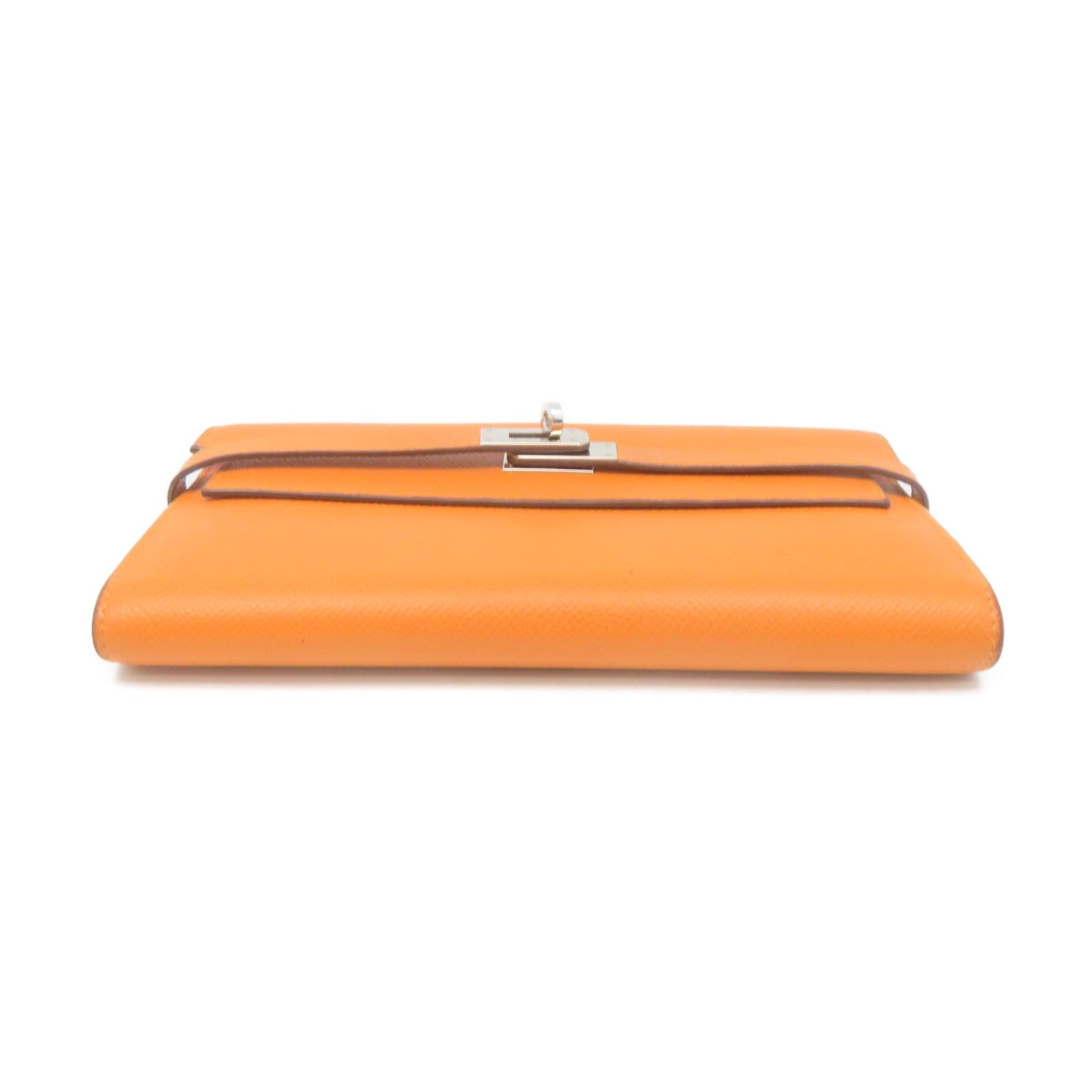 HERMES Epsom Leather Kelly Wallet Silver Buckle Long Wallet Orange Orange