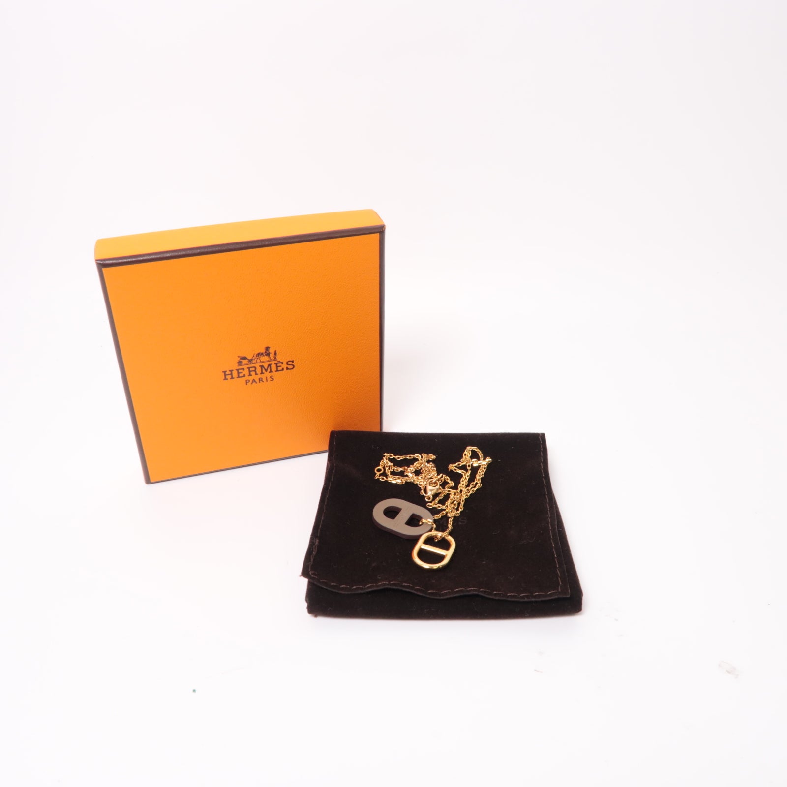 HERMES Swift皮革/金屬O'Maillon Pendant項鍊金色/啡色