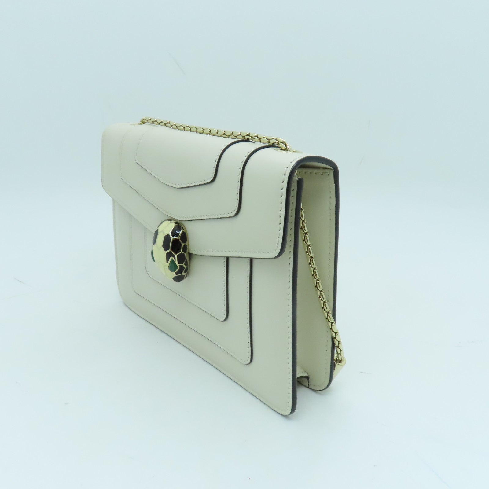 BVLGARI 牛皮皮革金扣Chain Shoulder Bag鏈帶肩背袋白色