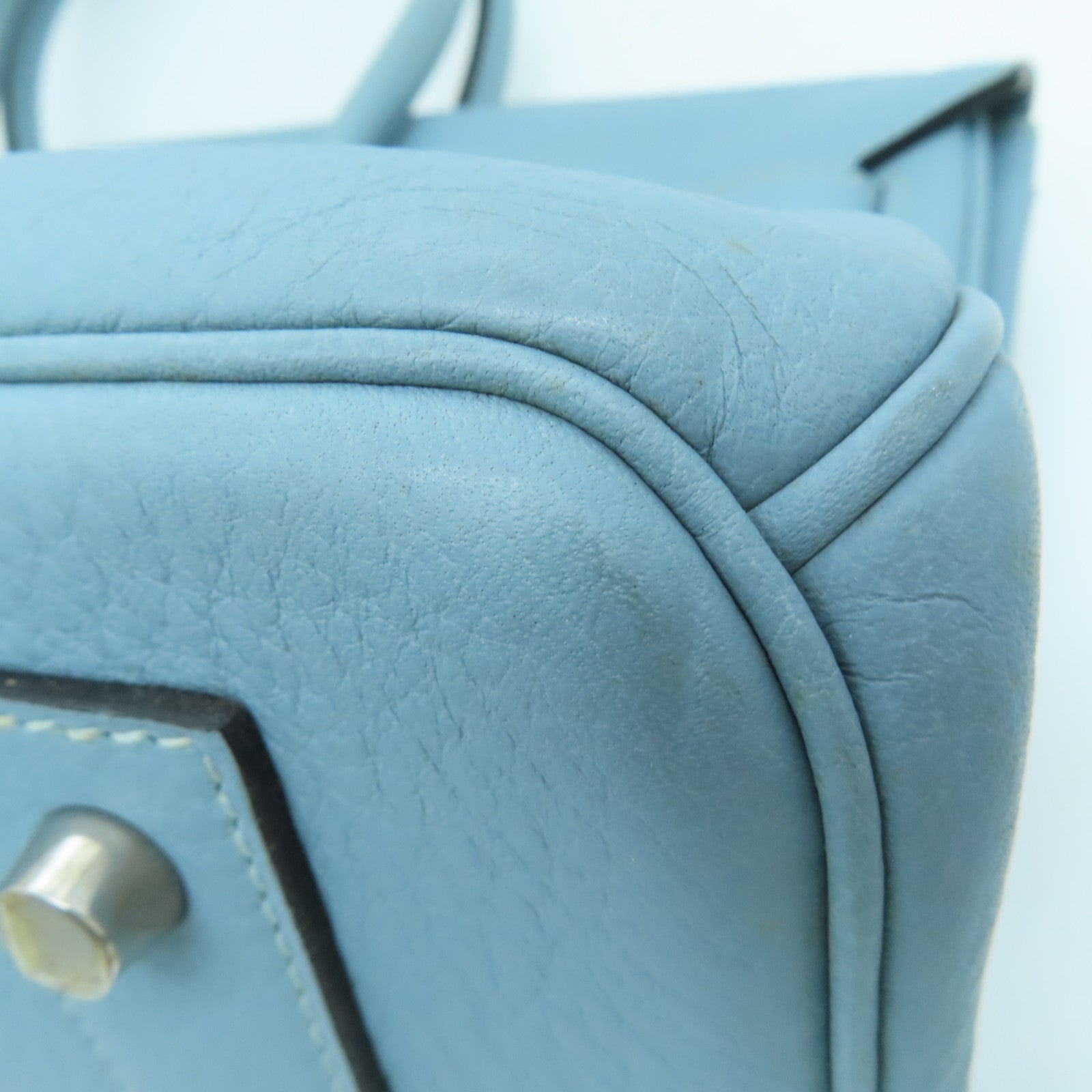 HERMES Clemence皮革Shoulder Birkin银扣手挽袋灰水蓝