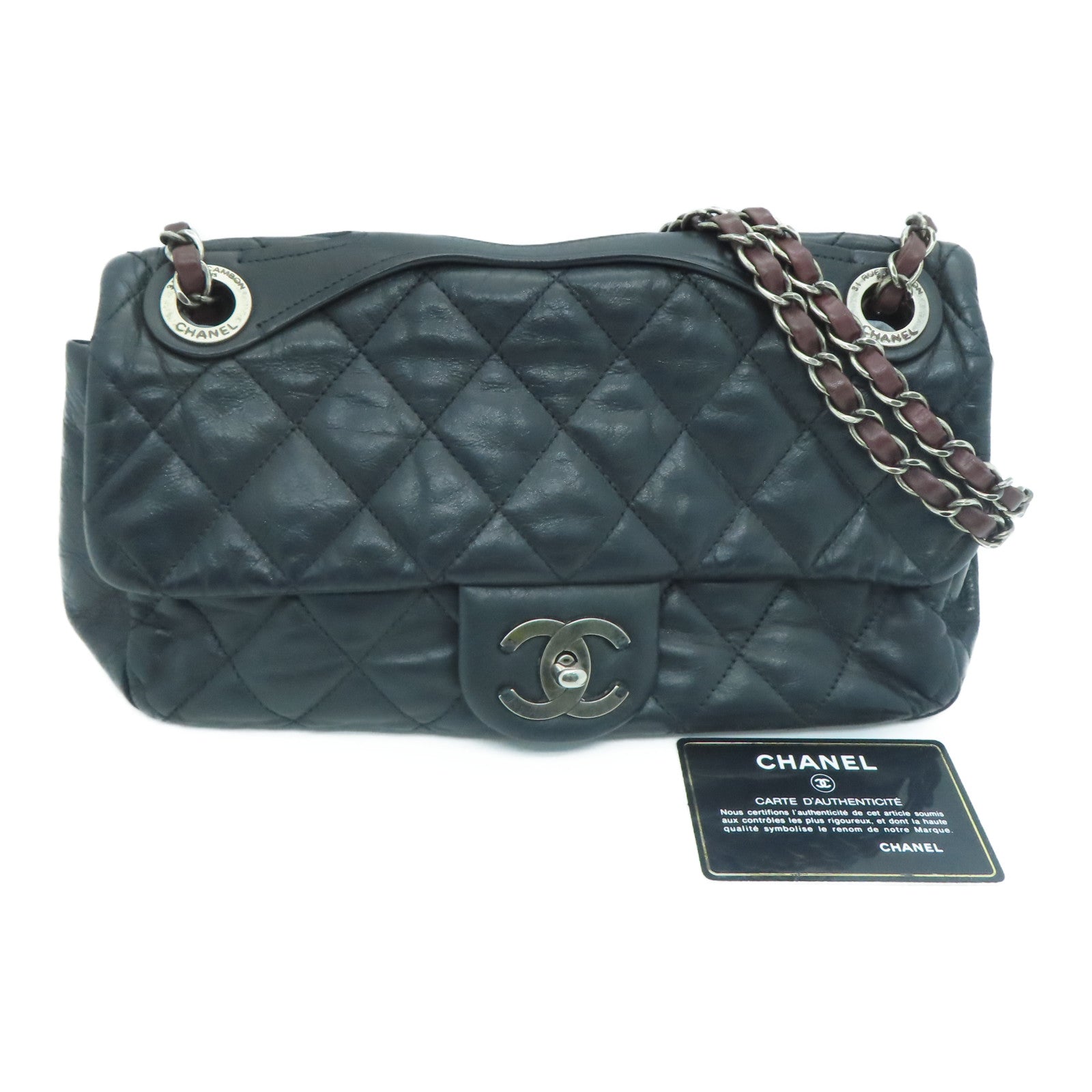 CHANEL 菱格牛皮皮革Chain Shoulder Bag银扣链带肩背袋黑色