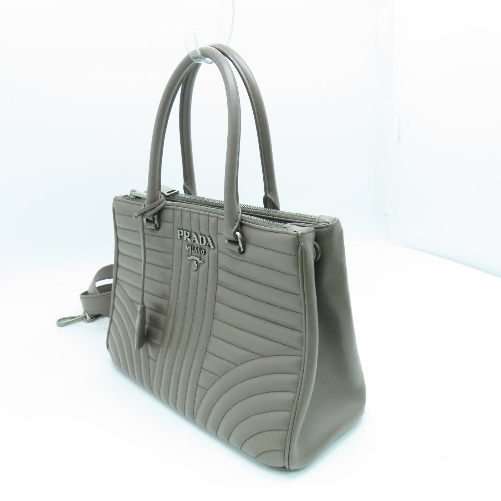 PRADA 牛皮皮革2 Way Shoulder手挽肩背兩用袋銀扣啡色