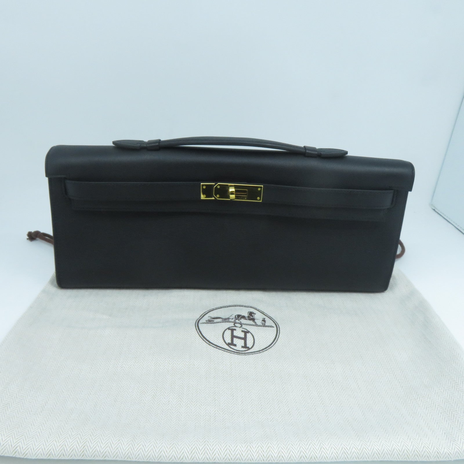 HERMES Swift皮革Kelly Cut金扣手挽袋黑色