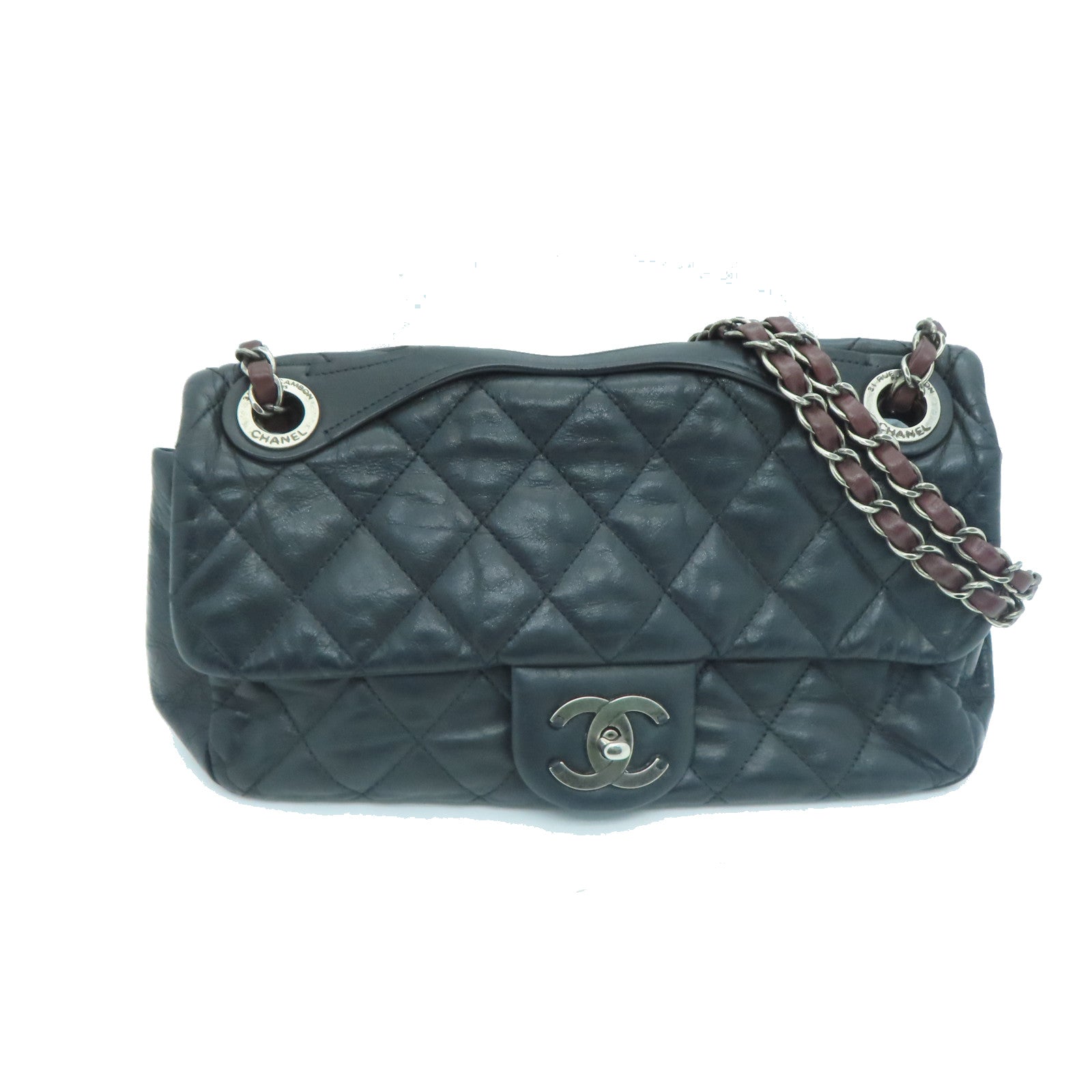 CHANEL 菱格牛皮皮革Chain Shoulder Bag银扣链带肩背袋黑色