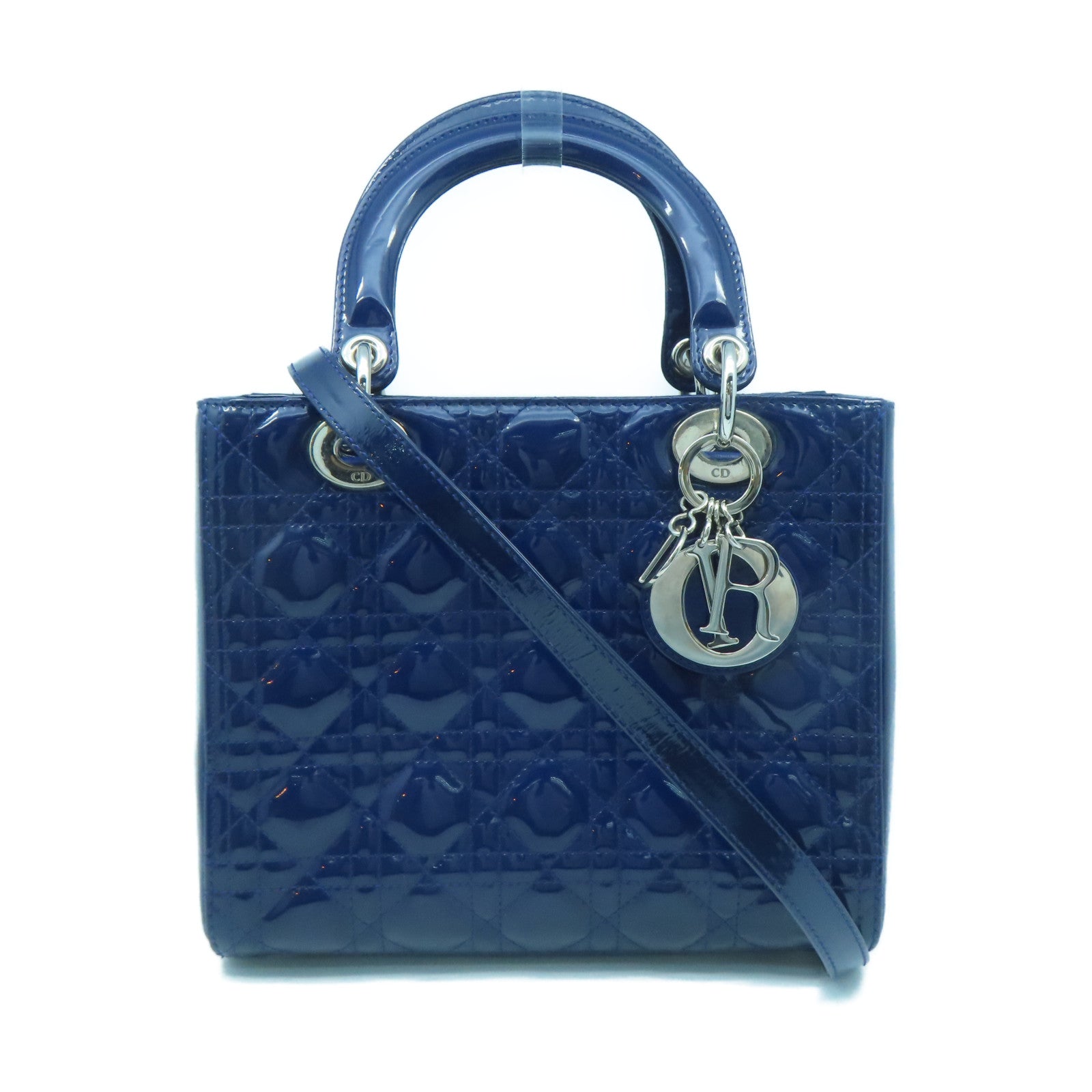 Dior Patent Leather Lady Dior Shoulder Silver Buckle Handle Shoulder Bag Dark Blue