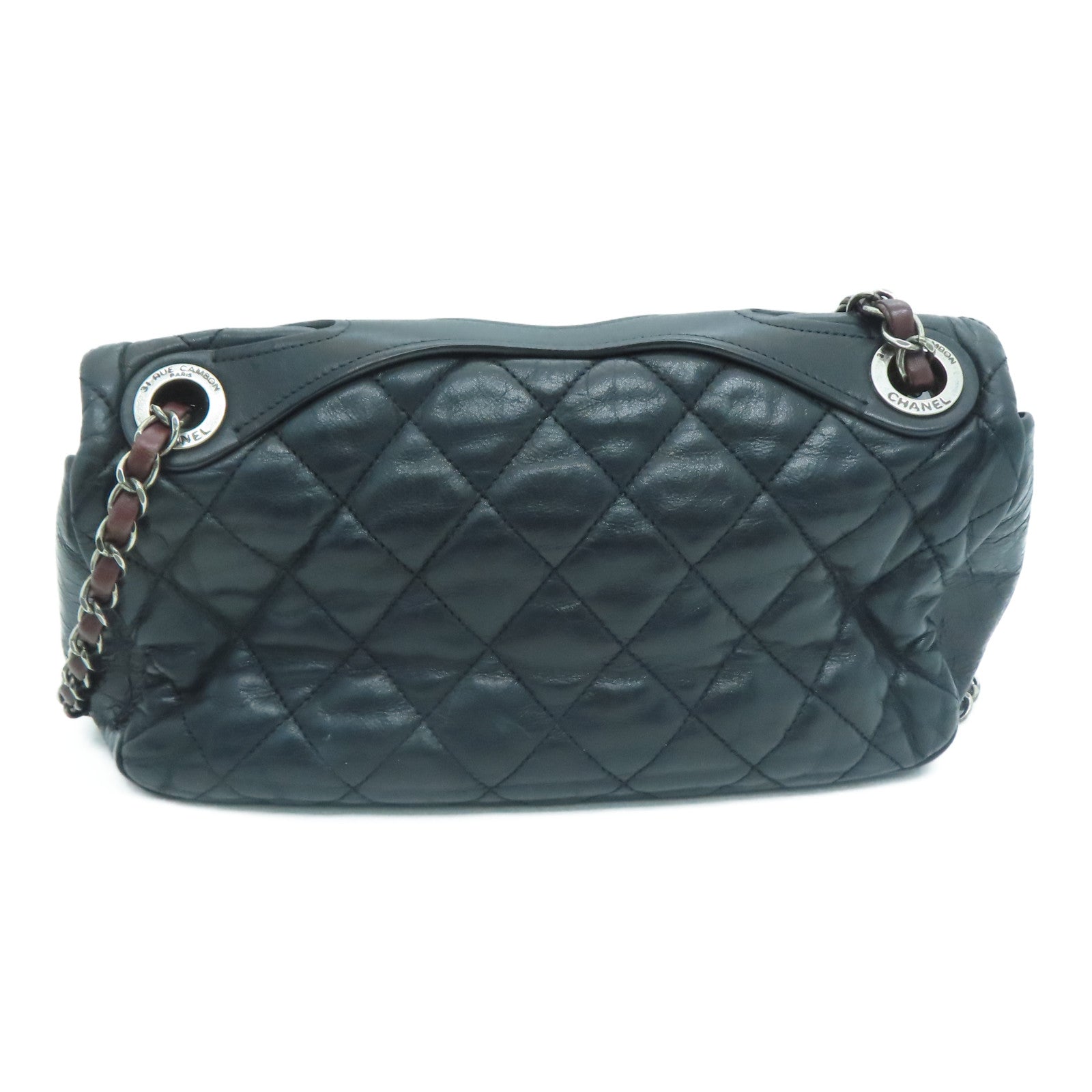 CHANEL 菱格牛皮皮革Chain Shoulder Bag银扣链带肩背袋黑色