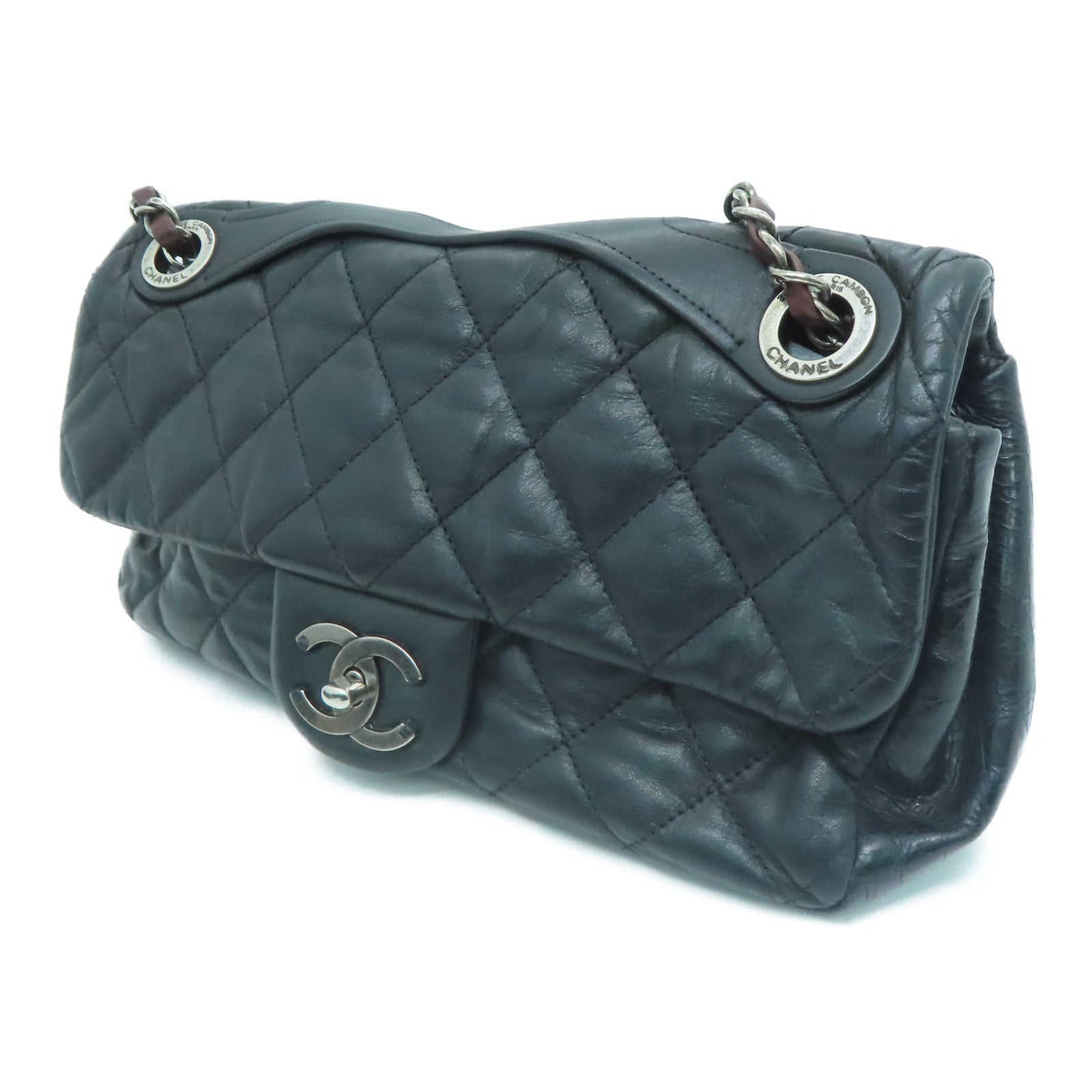 CHANEL 菱格牛皮皮革Chain Shoulder Bag银扣链带肩背袋黑色