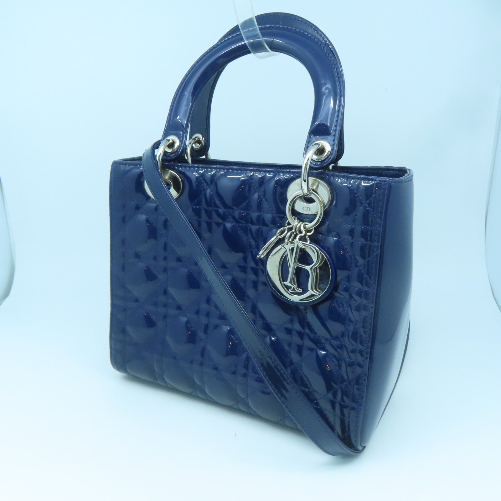 Dior Patent Leather Lady Dior Shoulder Silver Buckle Handle Shoulder Bag Dark Blue