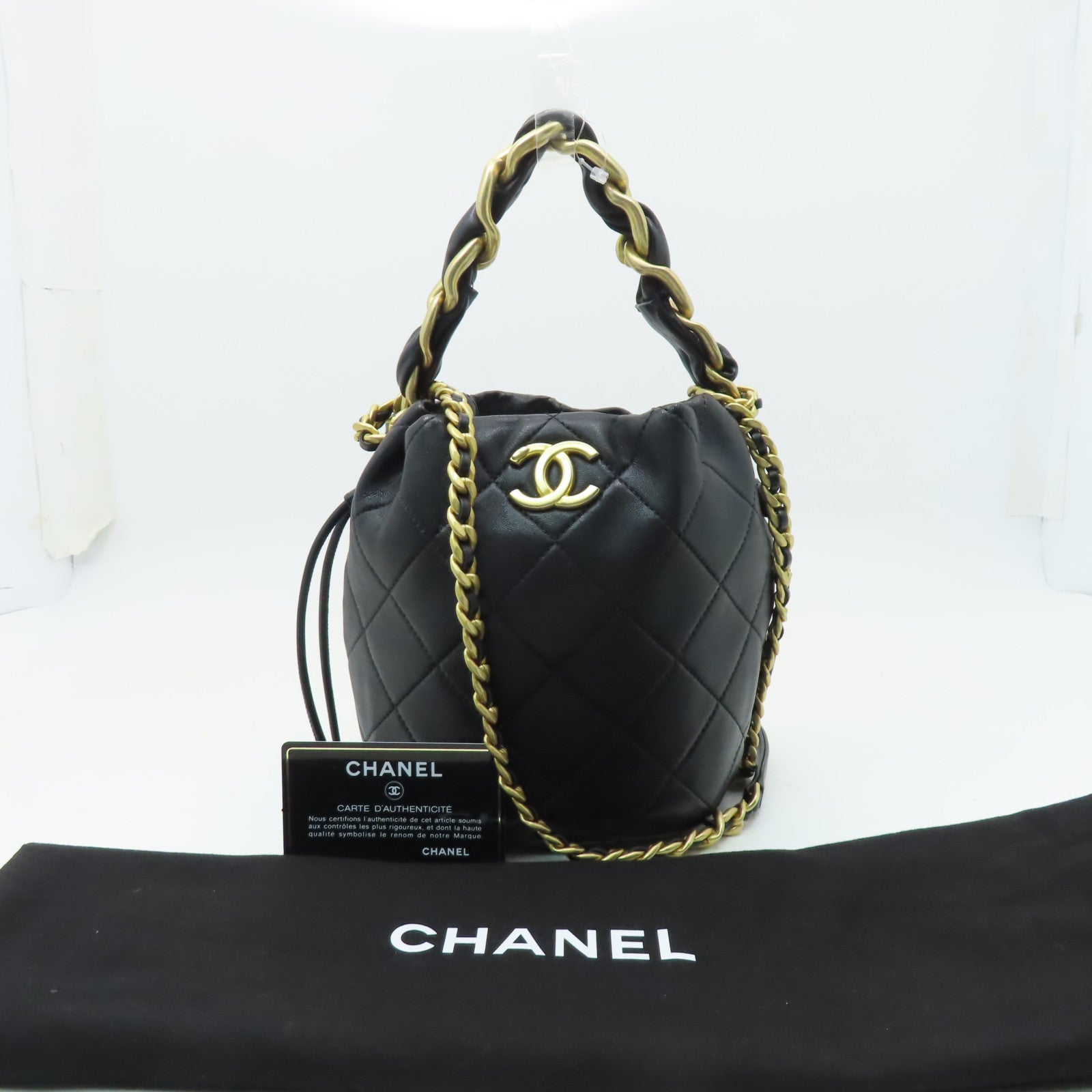 CHANEL 菱格牛皮皮革Chain Shoulder金扣手挽肩背兩用袋黑色