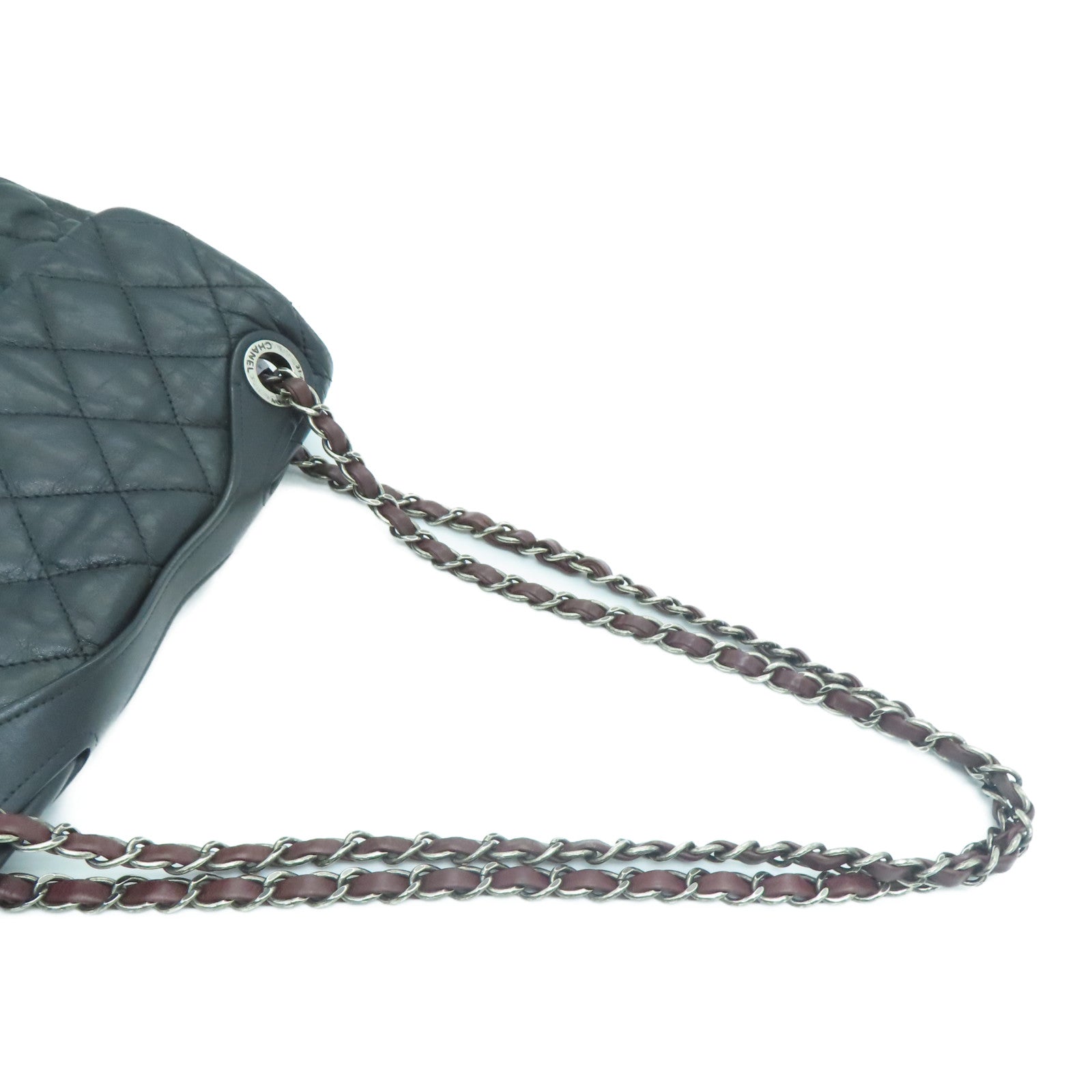 CHANEL 菱格牛皮皮革Chain Shoulder Bag银扣链带肩背袋黑色