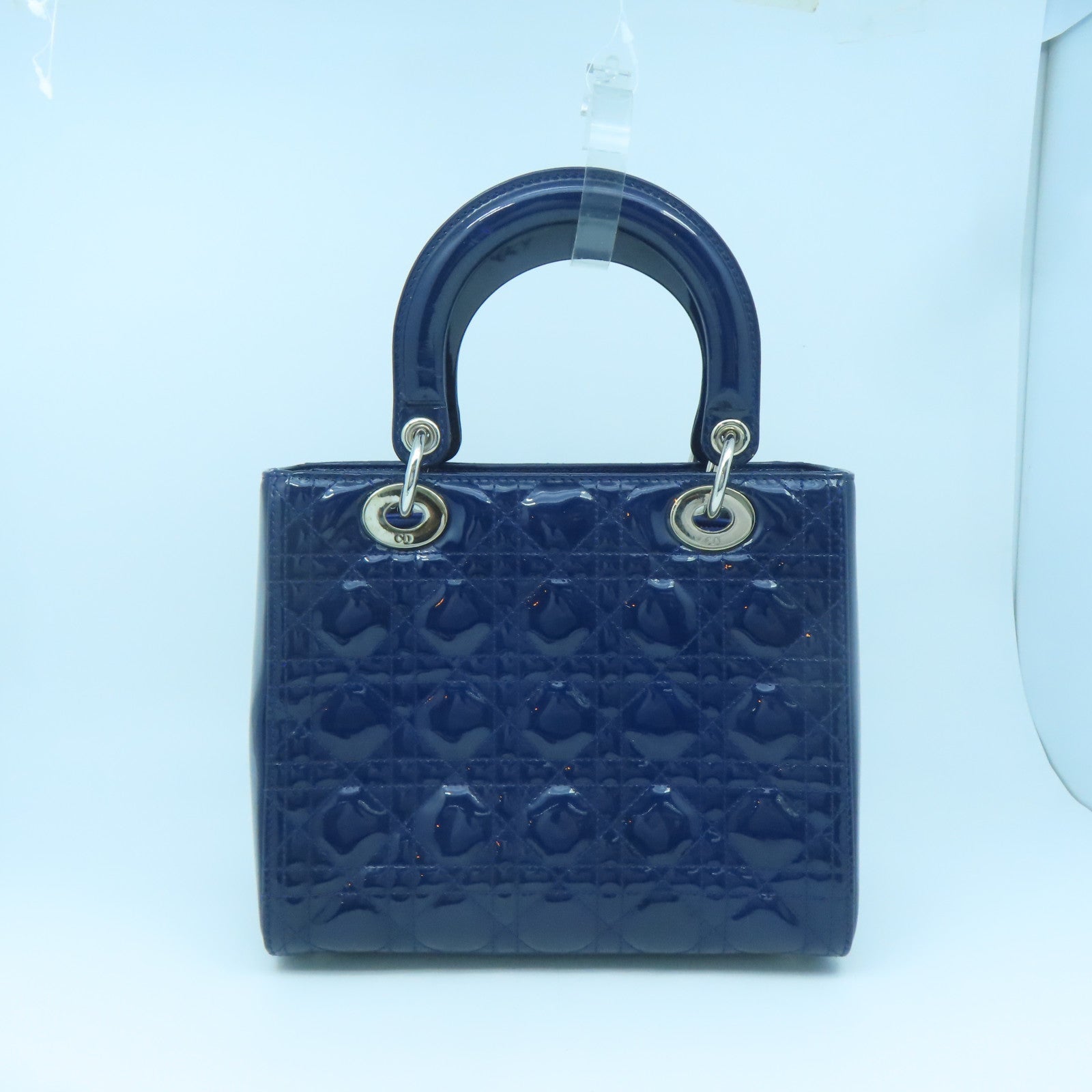 Dior Patent Leather Lady Dior Shoulder Silver Buckle Handle Shoulder Bag Dark Blue