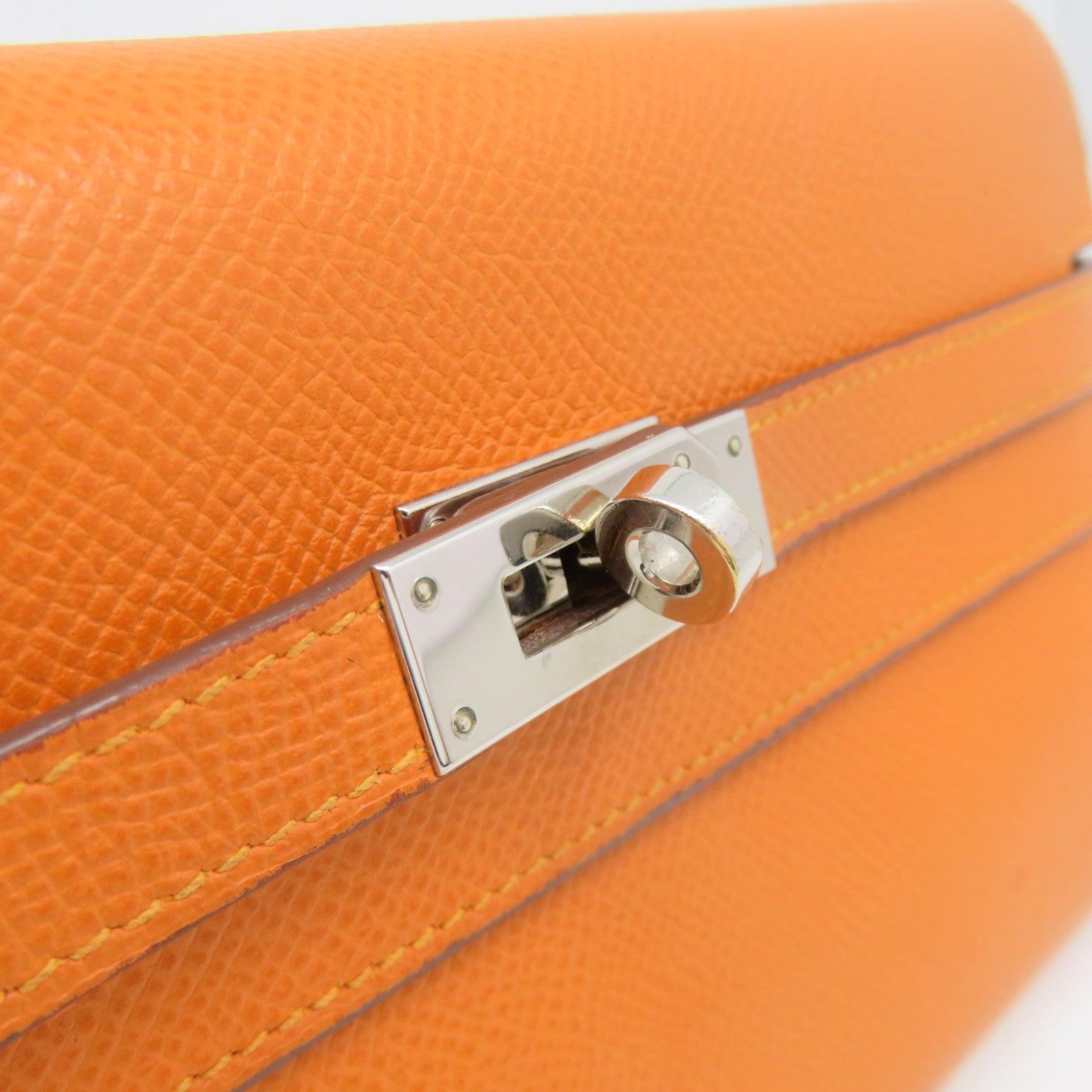 HERMES Epsom Leather Kelly Wallet Silver Buckle Long Wallet Orange Orange