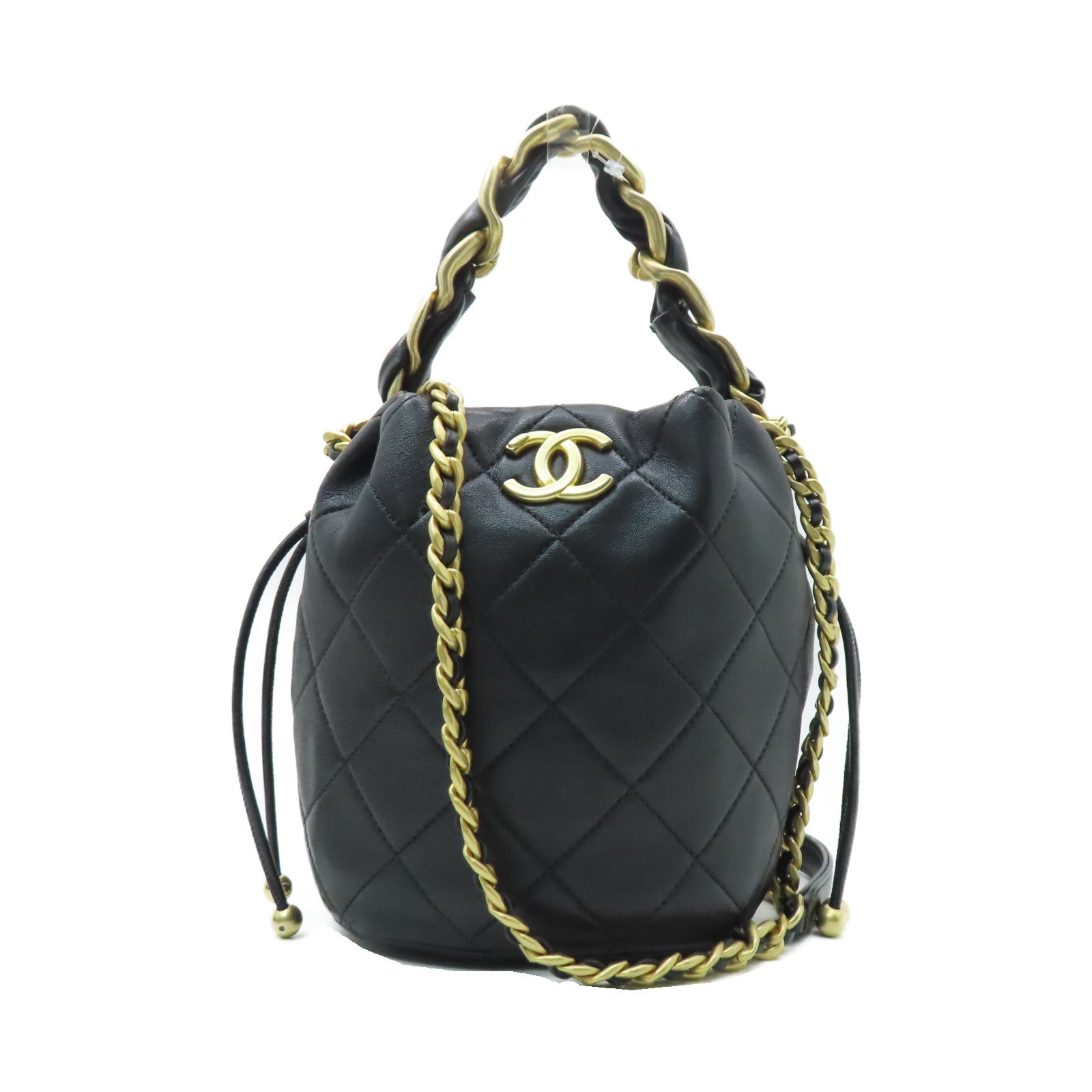 CHANEL 菱格牛皮皮革Chain Shoulder金扣手挽肩背兩用袋黑色