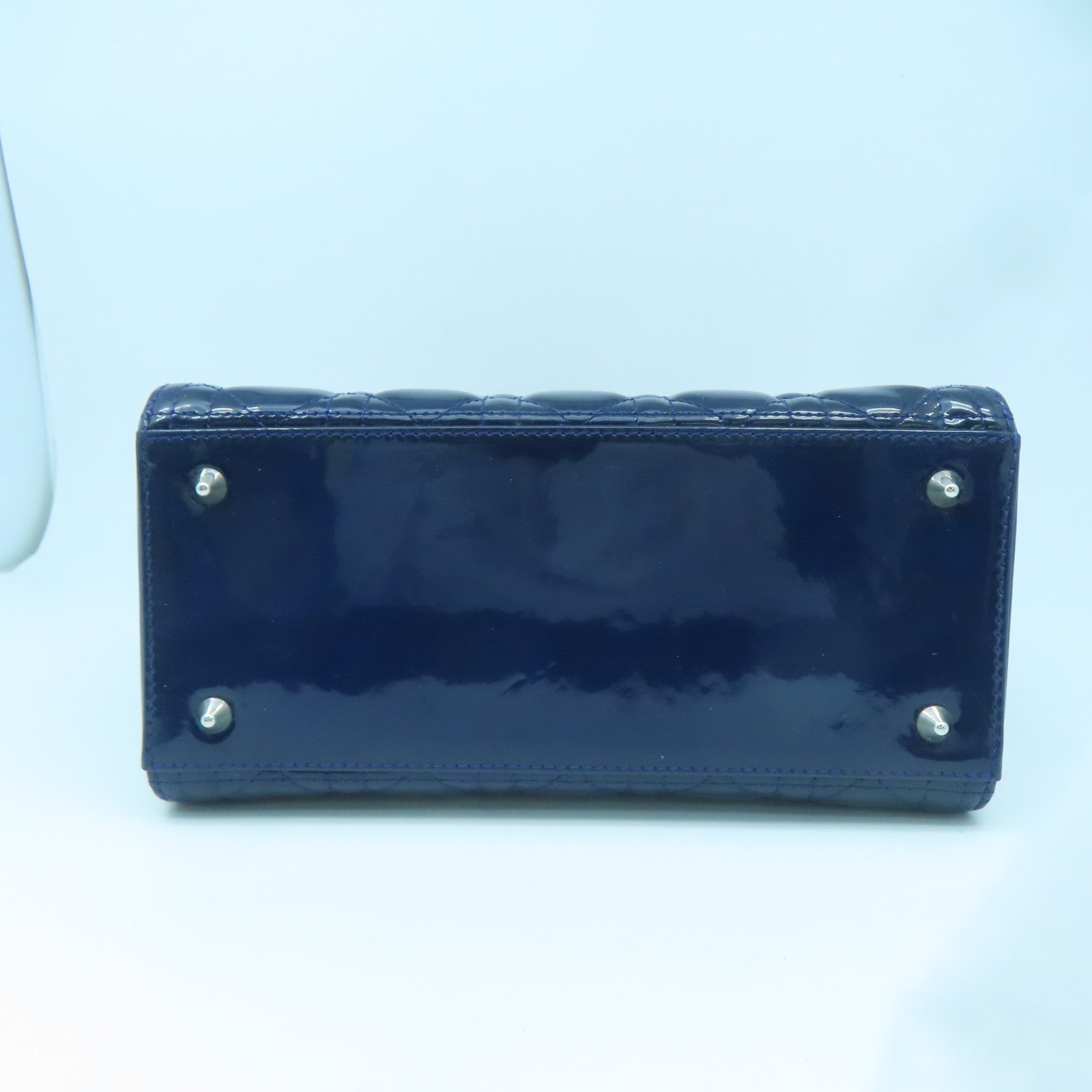 Dior Patent Leather Lady Dior Shoulder Silver Buckle Handle Shoulder Bag Dark Blue