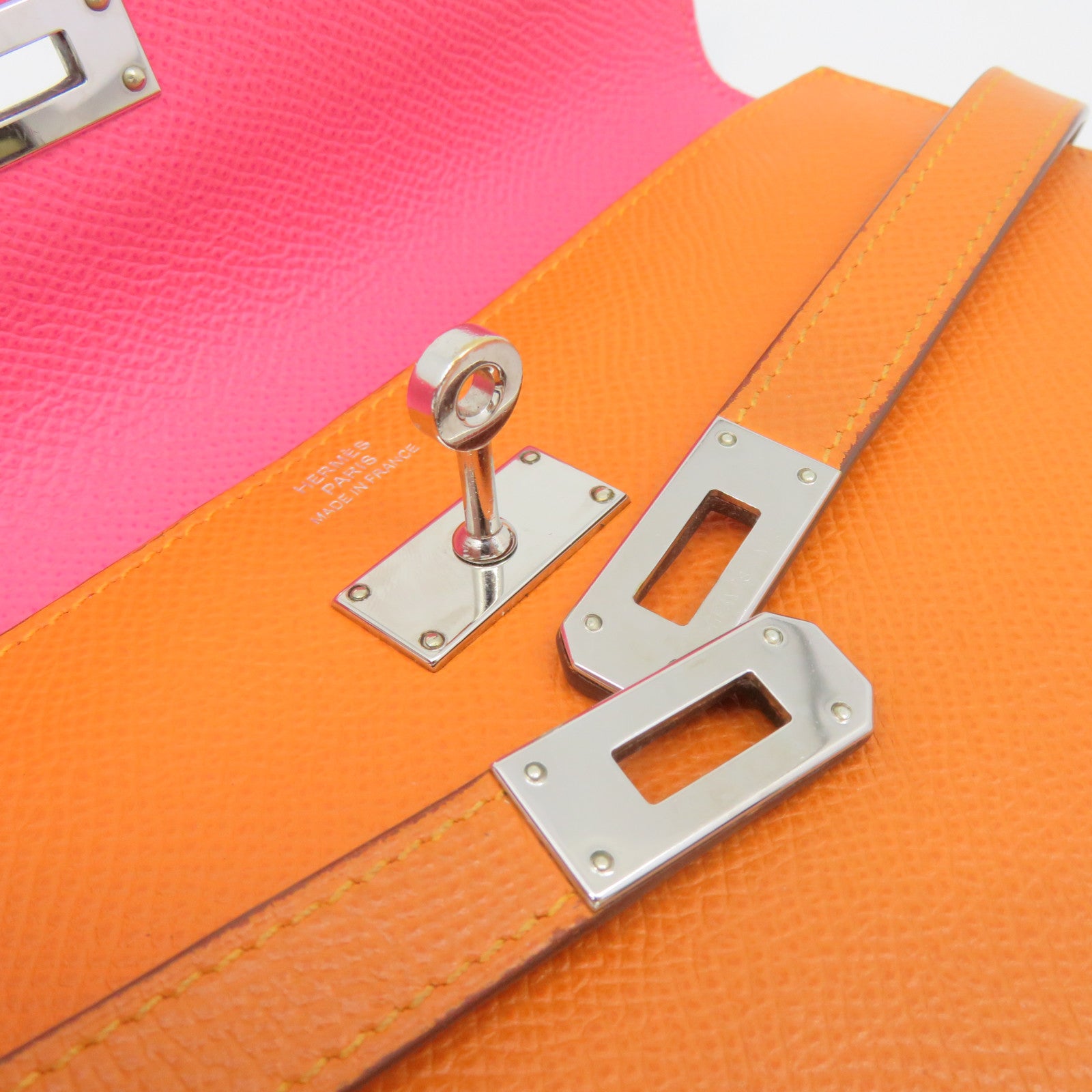 HERMES Epsom Leather Kelly Wallet Silver Buckle Long Wallet Orange Orange