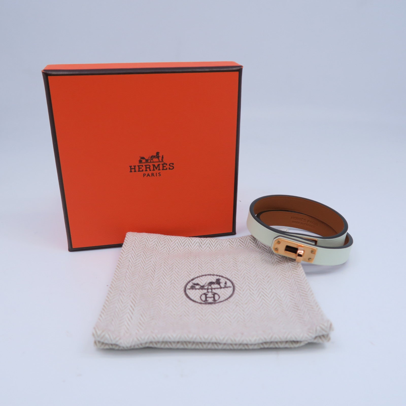 HERMES Swift皮革Kelly Double金扣手鐲Vert Fizz氣泡綠色