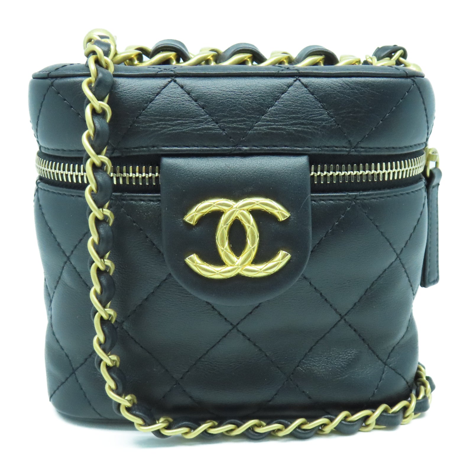 CHANEL 菱格牛皮皮革Chain Shoulder Bag金扣鏈帶肩背袋黑色