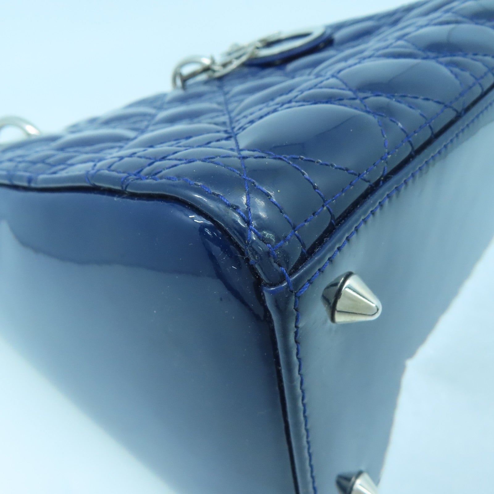 Dior Patent Leather Lady Dior Shoulder Silver Buckle Handle Shoulder Bag Dark Blue