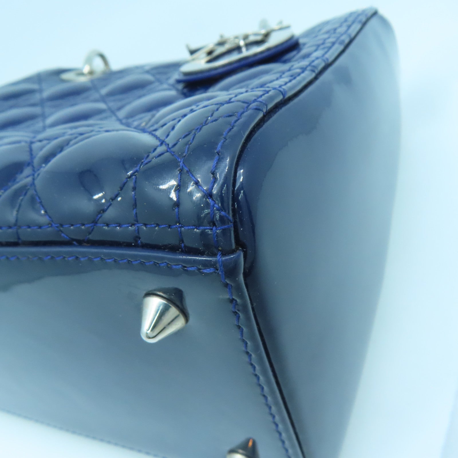 Dior Patent Leather Lady Dior Shoulder Silver Buckle Handle Shoulder Bag Dark Blue