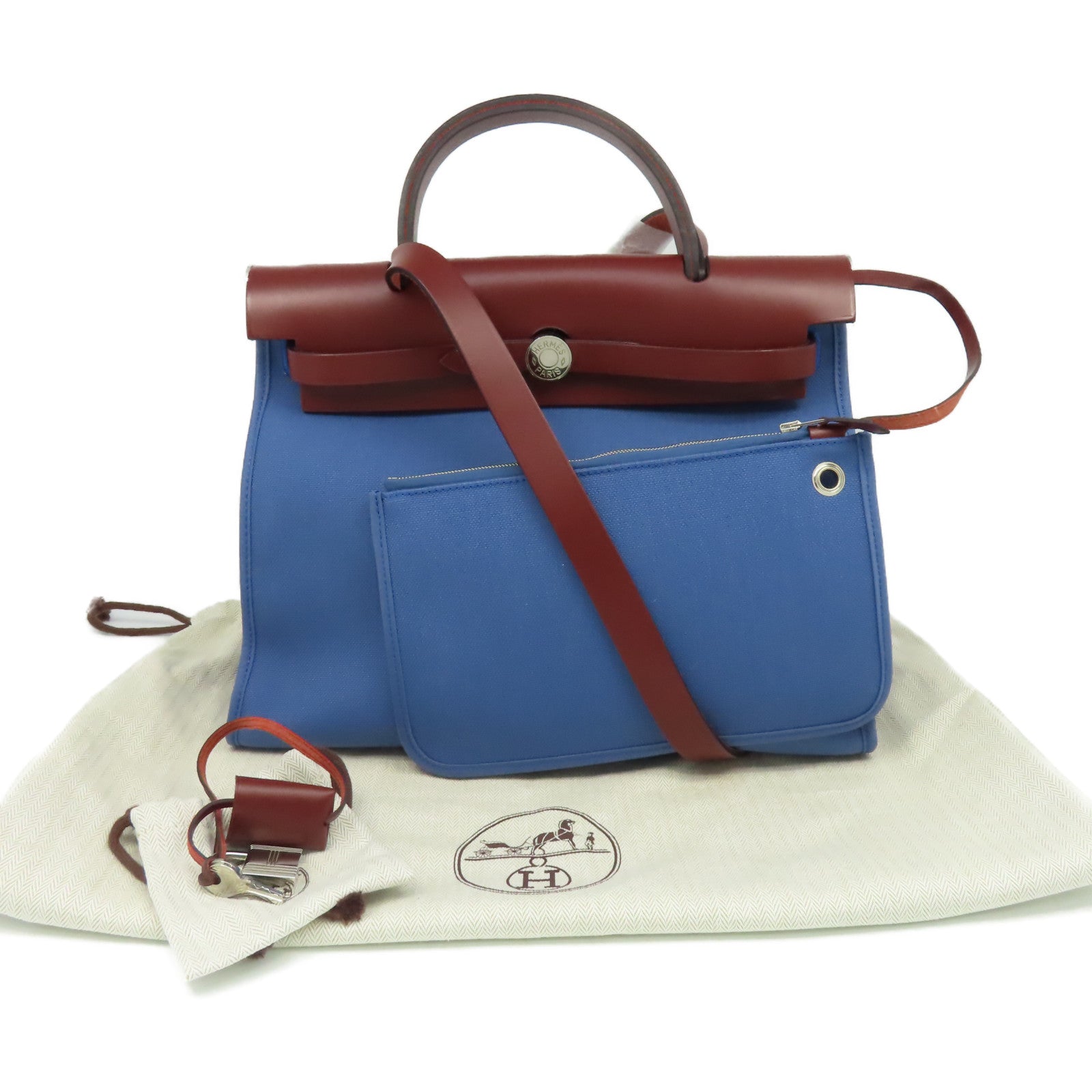 HERMES 帆布Herbag PM 2Way Shoulder Bag银扣手挽肩背两用袋Blen agate/Rough H玛瑙蓝色/酒红色