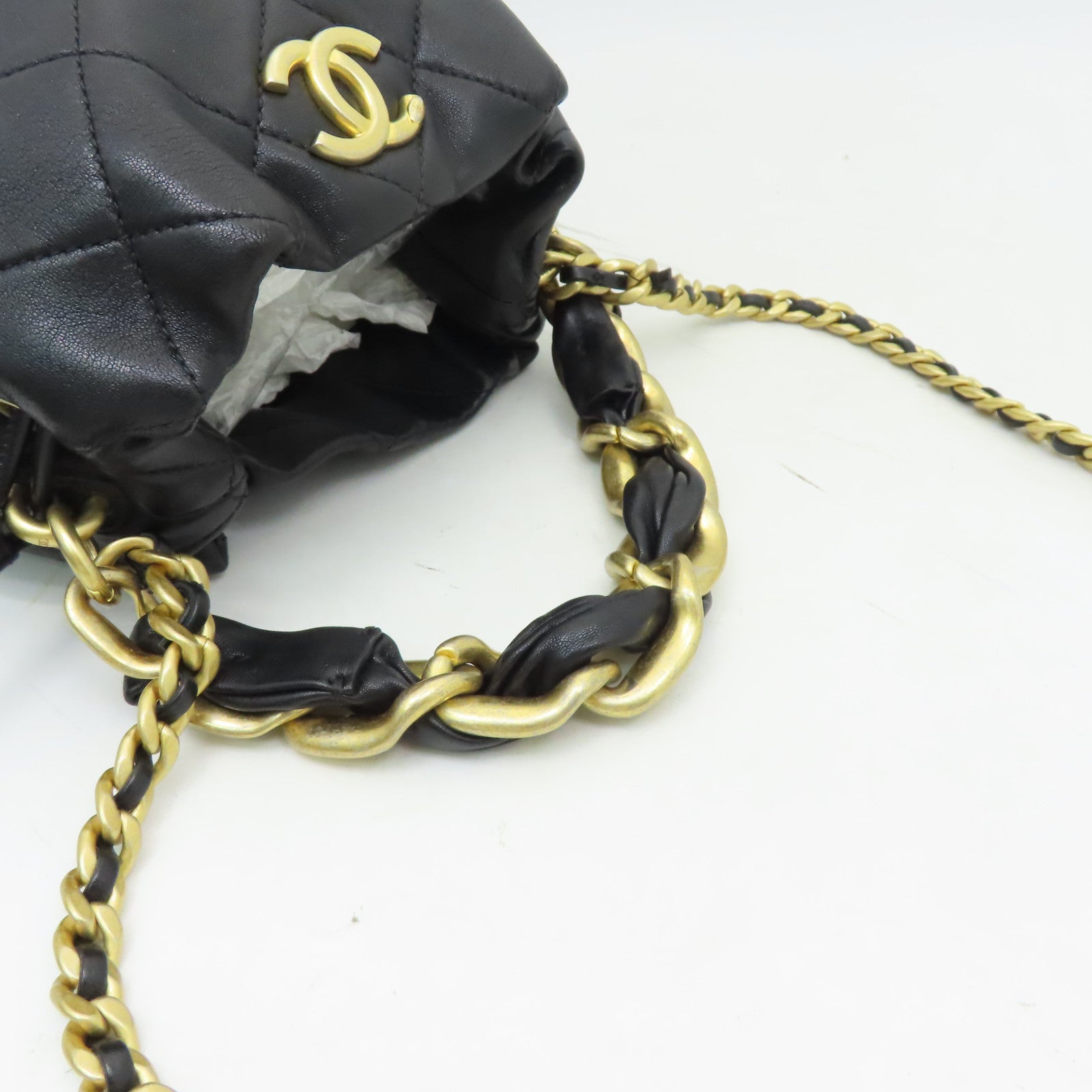 CHANEL 菱格牛皮皮革Chain Shoulder金扣手挽肩背兩用袋黑色